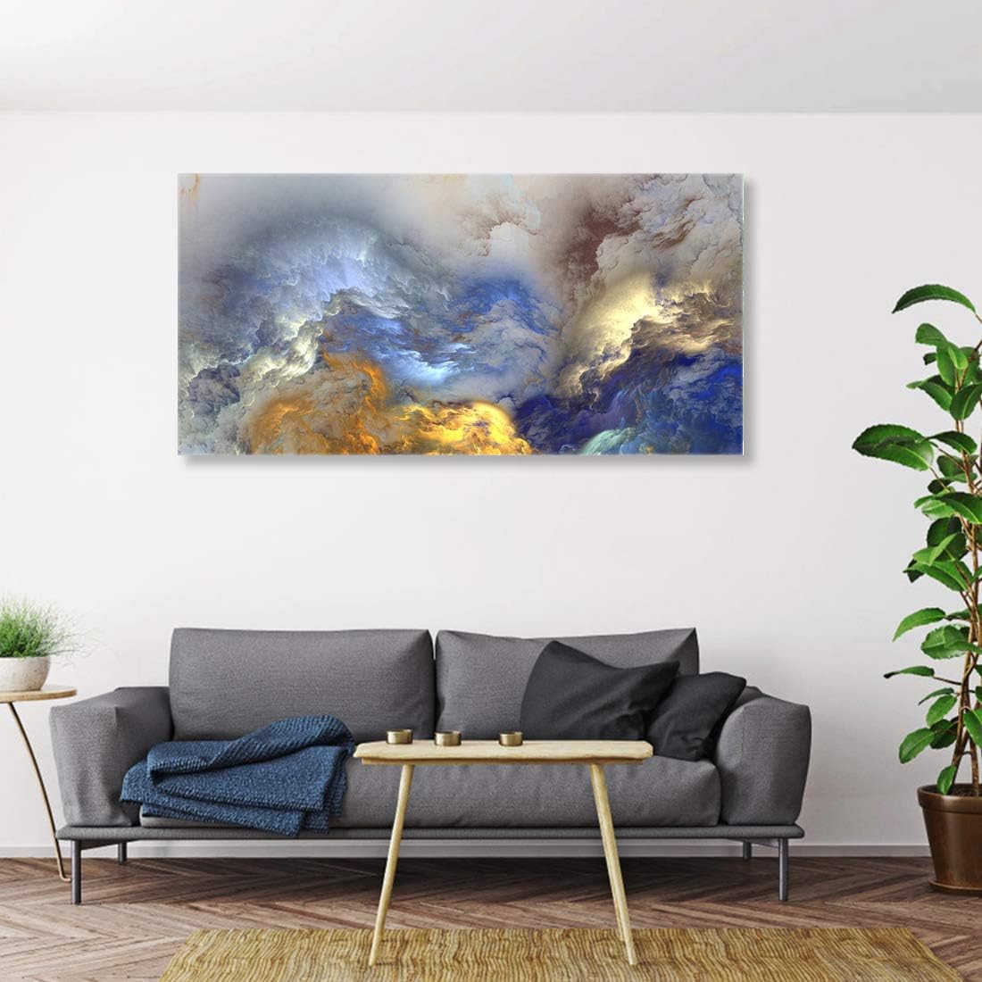 Looife Lienzo abstracto colorido para la pared, 48 x 24 pulgadas, adornos de humo azul y dorado, impresiones de imagen texturizada, decoración de
