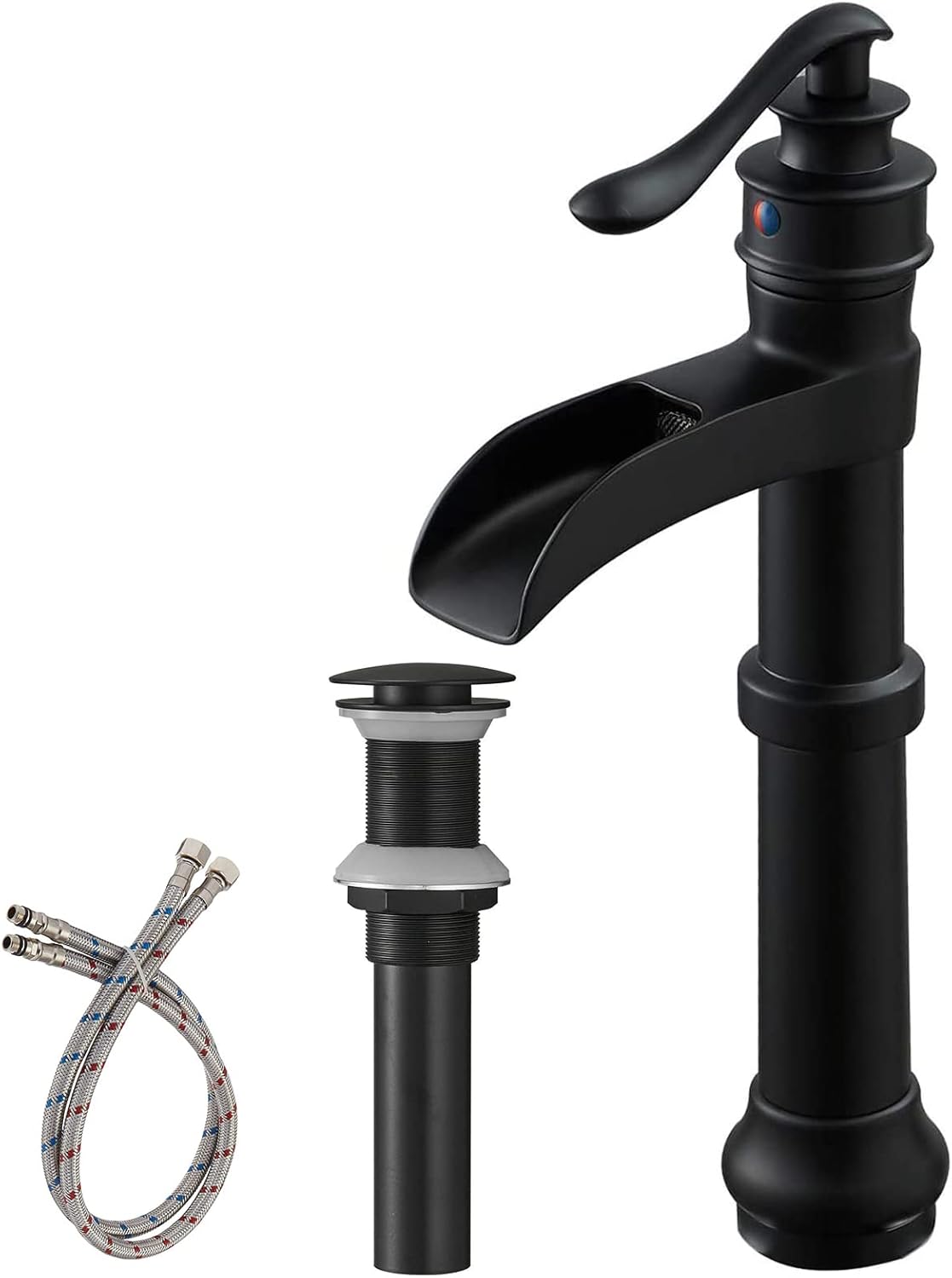 Grifo de lavabo de recipiente negro mate con montaje de drenaje desplegable y manguera de suministro de orificio de un solo mango, sin plomo, grifo