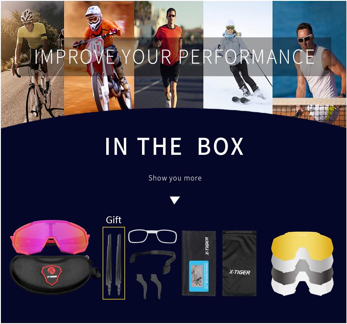 X-TIGER Gafas de sol deportivas polarizadas con 5 lentes intercambiables, lentes de ciclismo para hombre y mujer, béisbol, correr, pesca