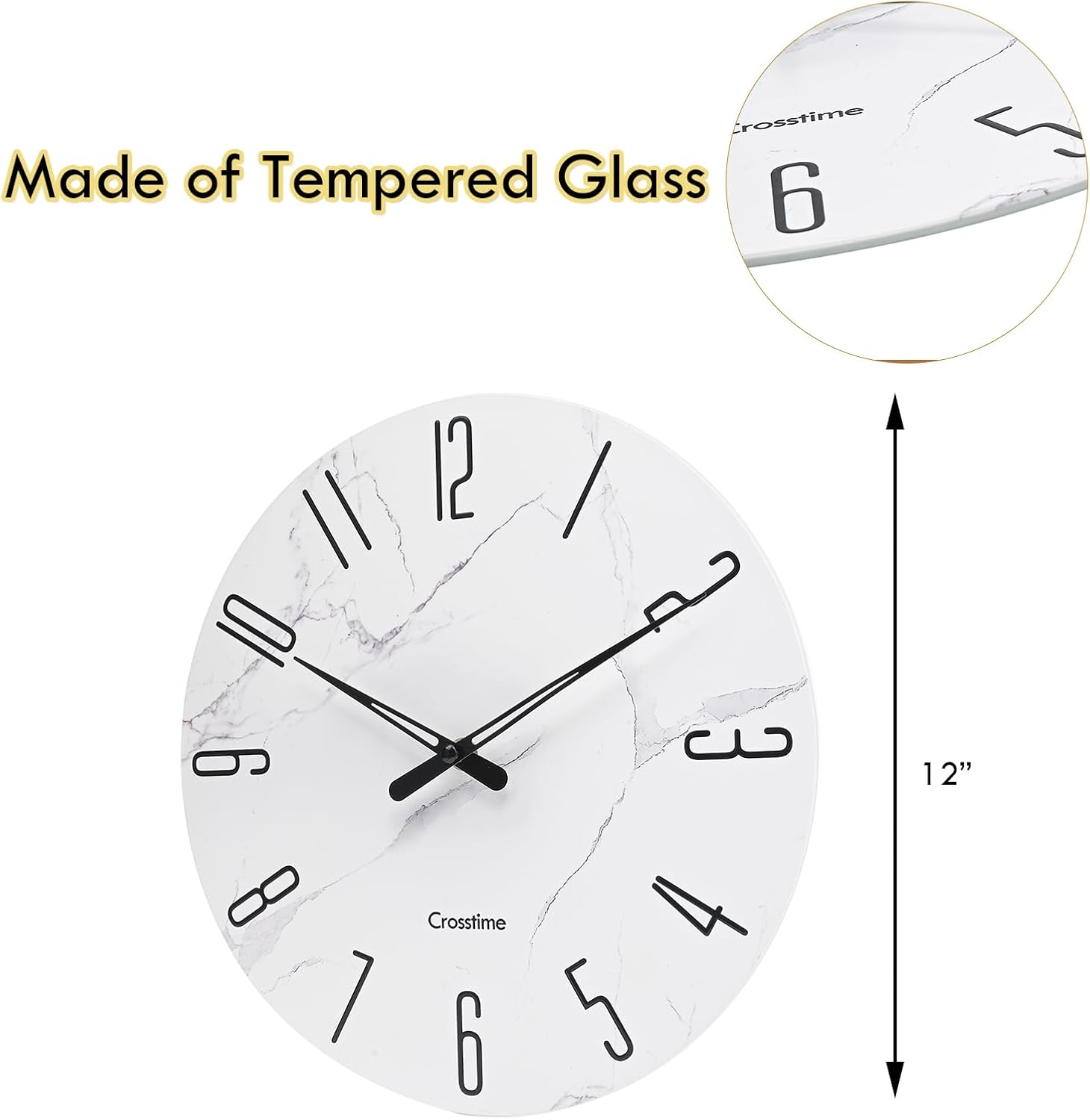 Reloj de pared moderno de 12 pulgadas, reloj de pared de vidrio para baño, minimalista, decorativo, funciona con pilas, silencioso, sin tictac, para