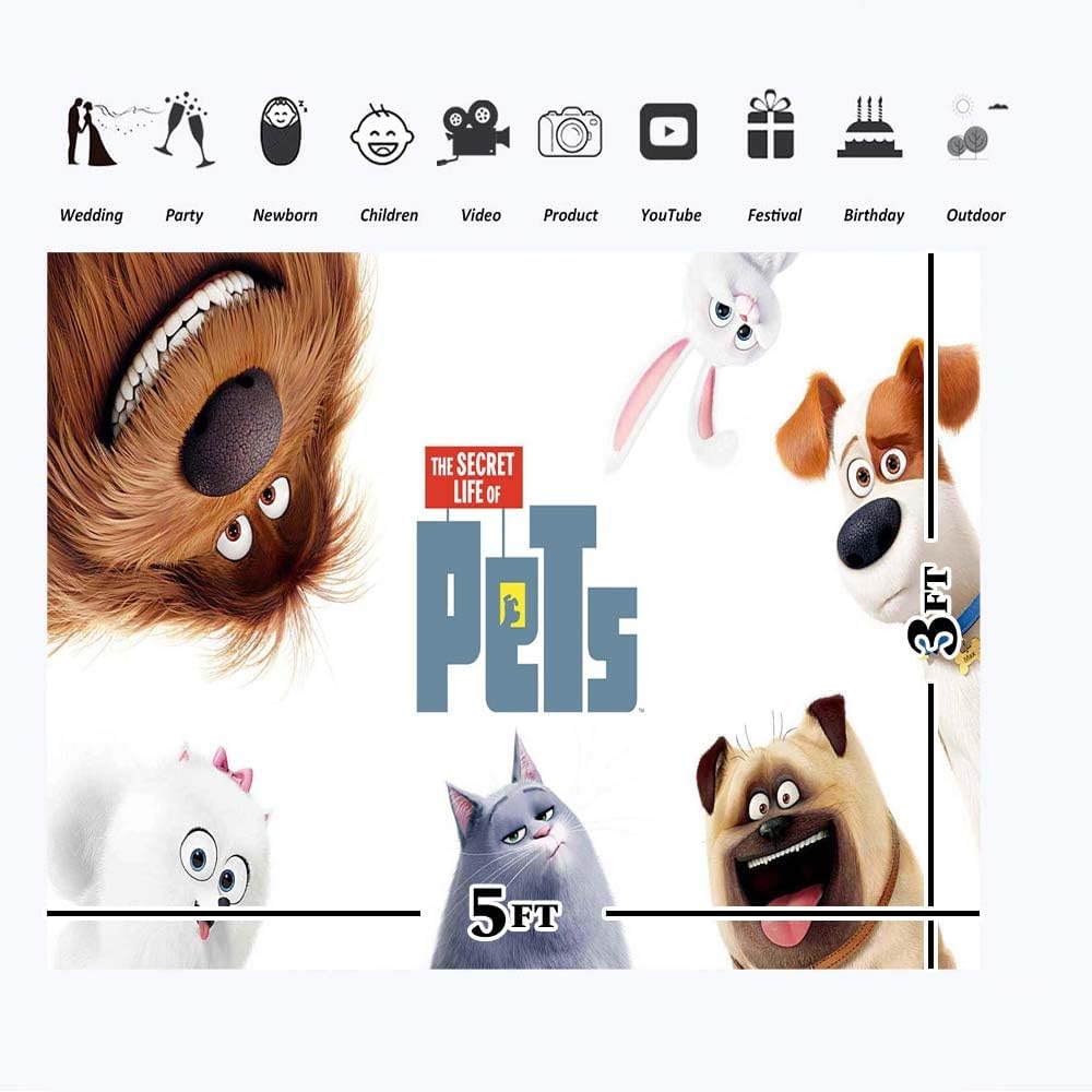 Telón de fondo The Secret Life of Pets de vinilo de 5 x 3 pies, suministros de fiesta de cumpleaños, decoración de mesa de pastel, decoración de
