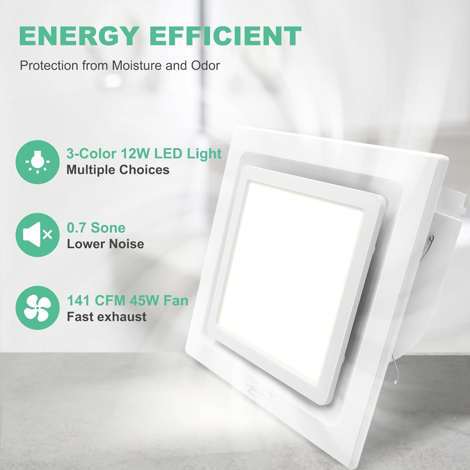 Extractor de baño con luz, panel de 11.8 pulgadas, 3000 K4500 K6000 K 12 W LED cuadrado, 141 CFM, 0.7 sonos, 110 V 45 W silencioso ventilador de