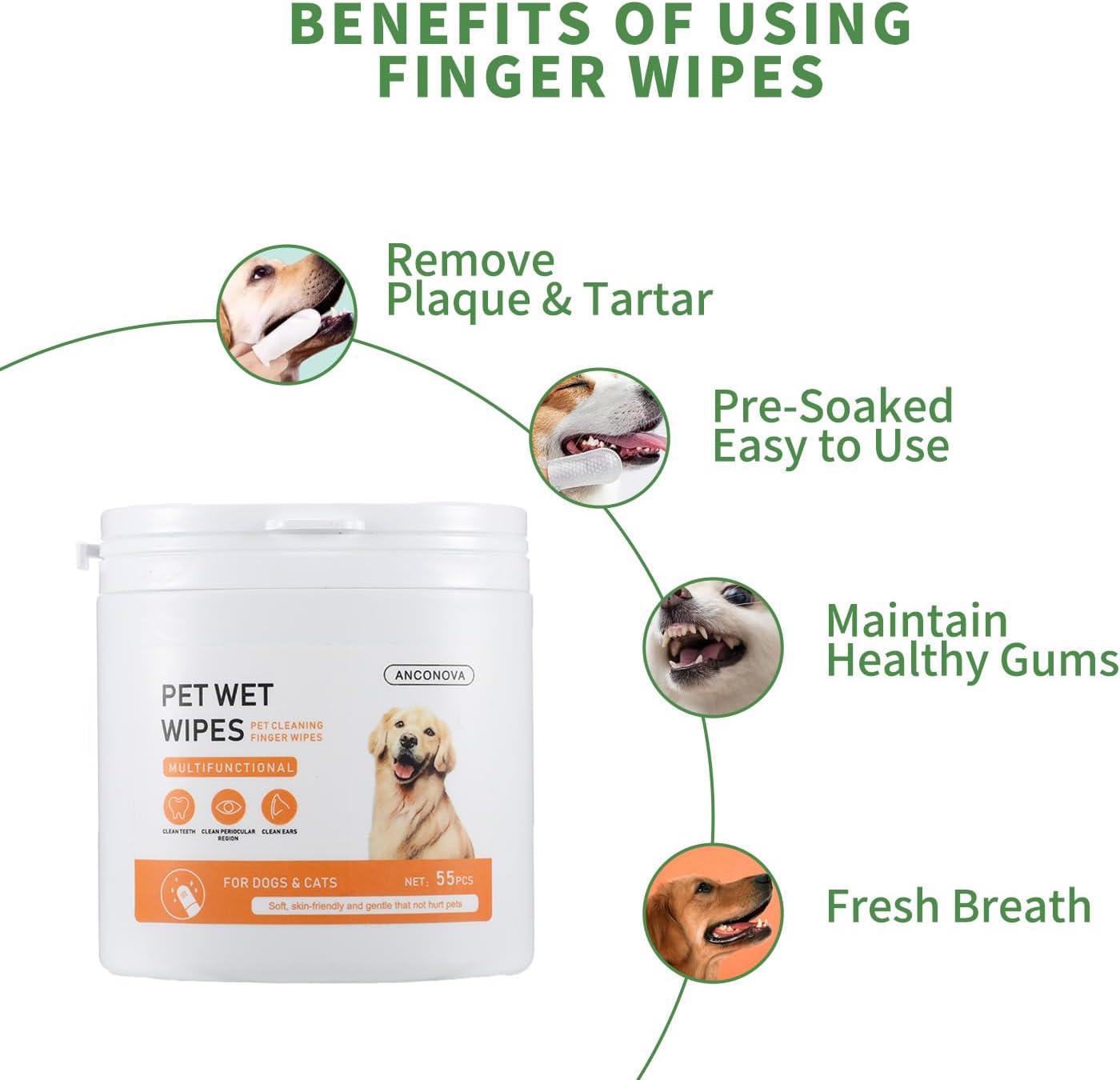 ANCONOVA Toallitas desechables de limpieza suave multifuncional, cepillo de dientes de dedos para perros y gatos, eliminador de mal aliento,