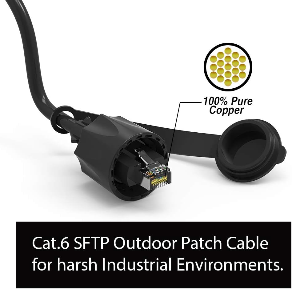 Cable de conexión industrial para exteriores de 3 pies Cat.6 SFTP CMX, relleno de gel, 26 AWG, con tapa antipolvo de 3.0 ft, cable de red Gigabit