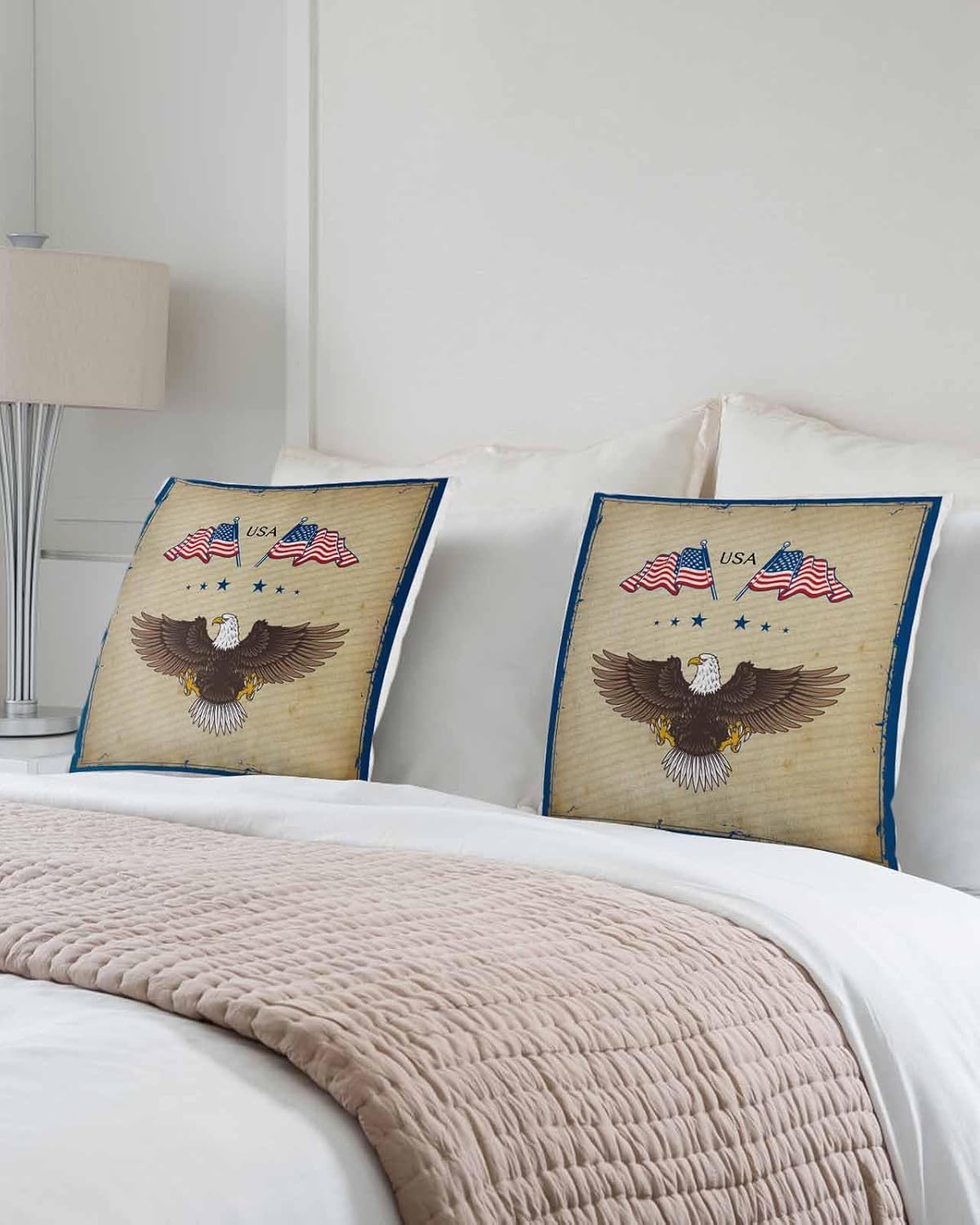Paquete de 2 fundas de almohada decorativas de algodón, diseño patriótico de la bandera estadounidense, águila, 18 x 18 pulgadas, cuadradas,
