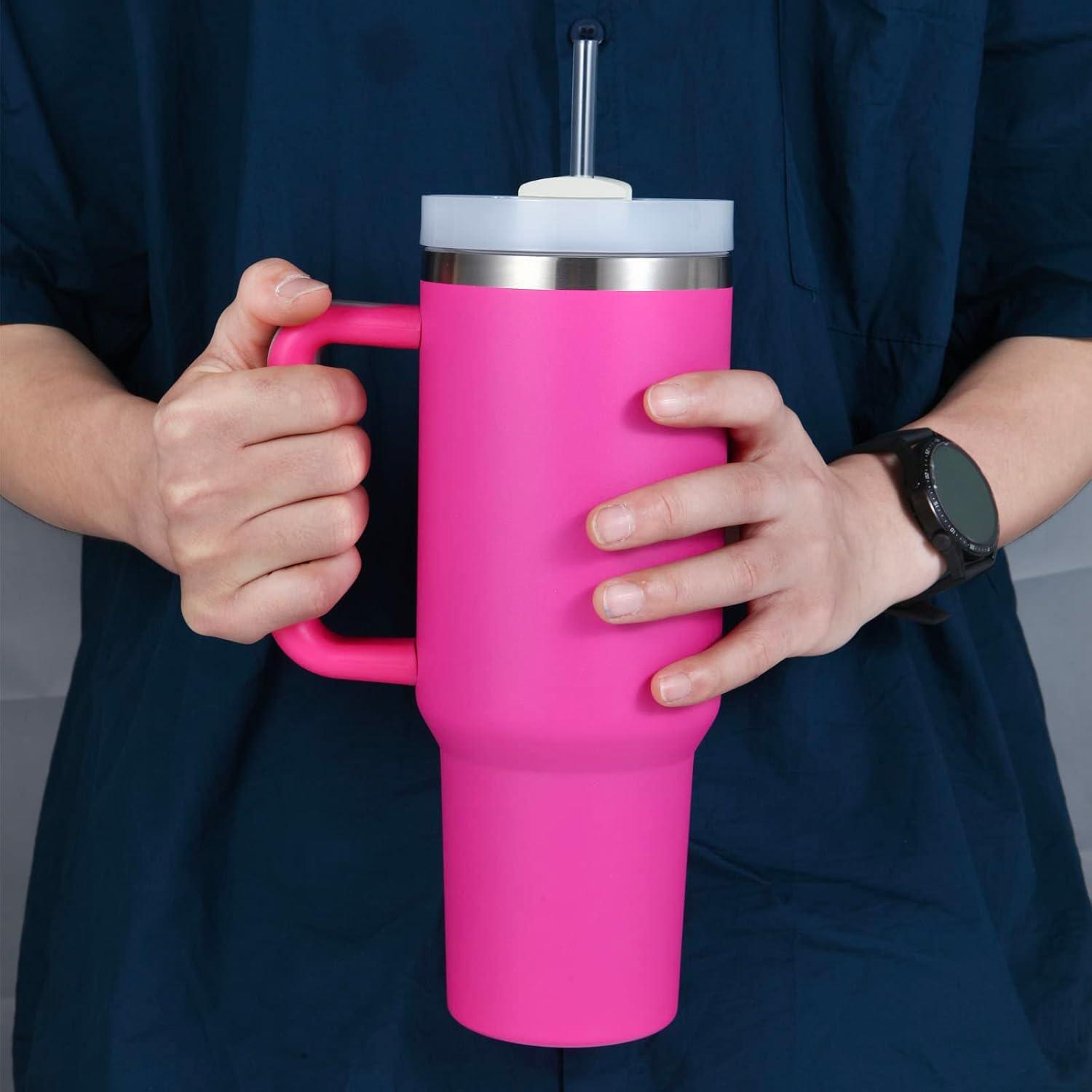 Vaso de 40 onzas con asa, taza aislada con popote y tapa, acero inoxidable al vacío de doble pared