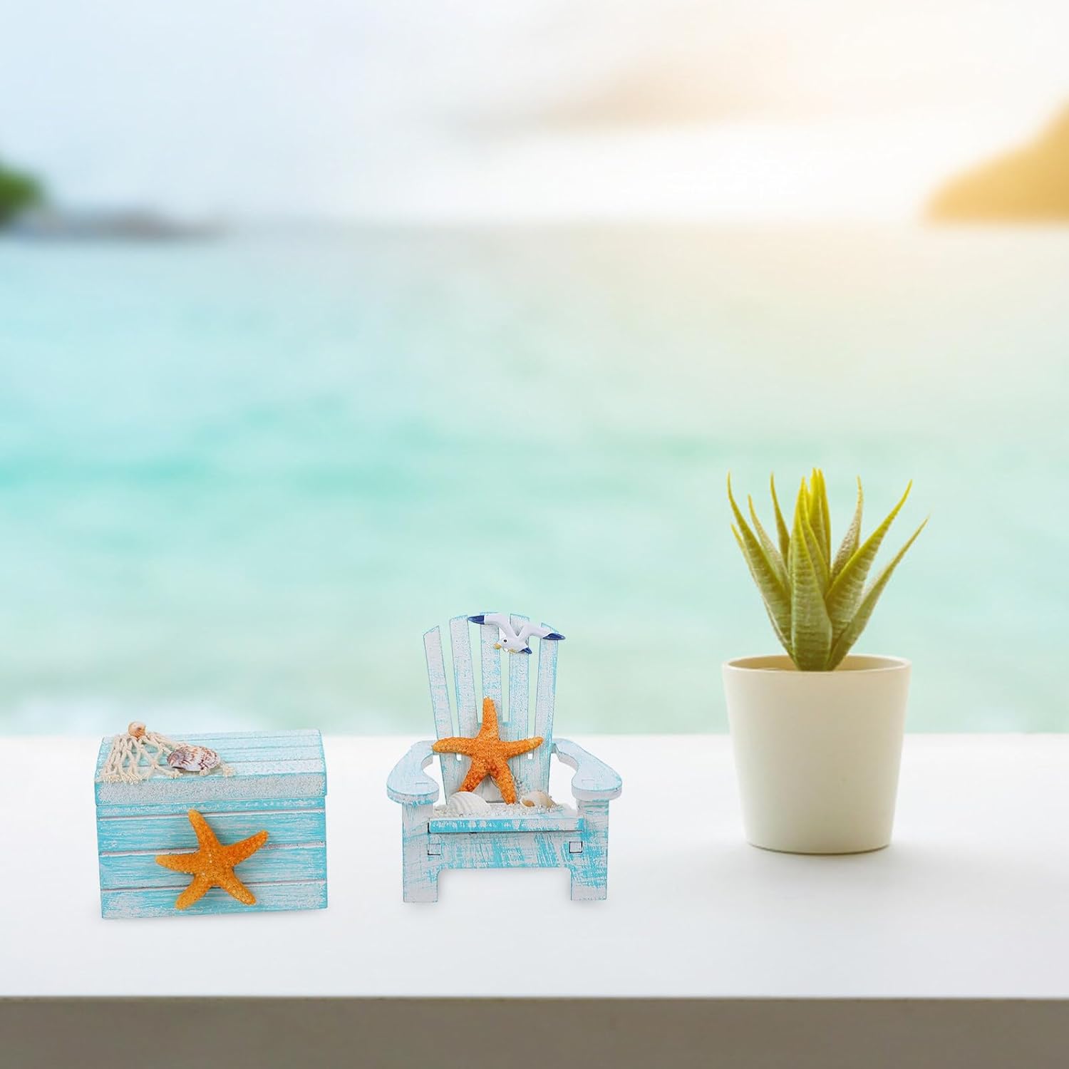 Decoración para el hogar, decoración de playa, 2 piezas, mini silla de playa náutica de madera, silla de playa en miniatura, caja de madera náutica,