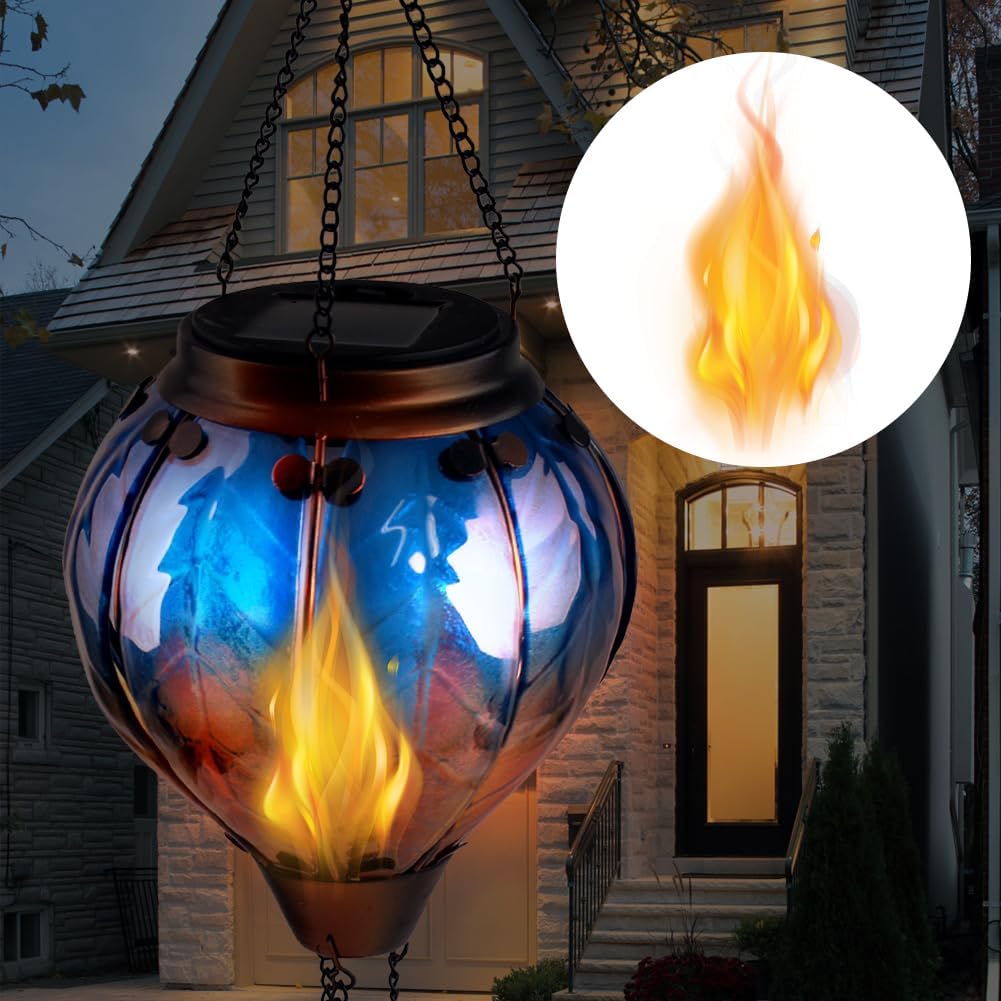 OUISJYER Farol solar de globo de aire caliente con llama parpadeante, faroles solares colgantes para exteriores, faroles impermeables, faroles