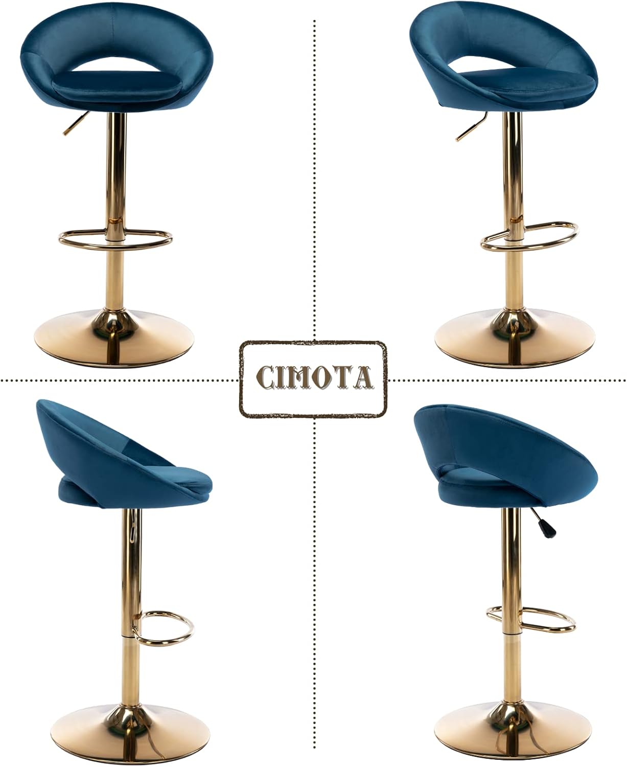 CIMOTA Juego de 2 taburetes de bar giratorios de terciopelo, sillas de bar ajustables con respaldo abiertobase dorada para isla, hogar, bar,