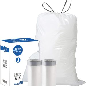 Code J (50 unidades) Bolsas de basura de plástico resistentes con cordón de 10-10.5 galones de 1.2 mil. Bolsas de basura con cordón blanco de Code J (50 unidades) Bolsas de basura de plástico resistentes con cordón de 10-10.5 galones de 1.2 mil. Bolsas de basura con cordón blanco de
