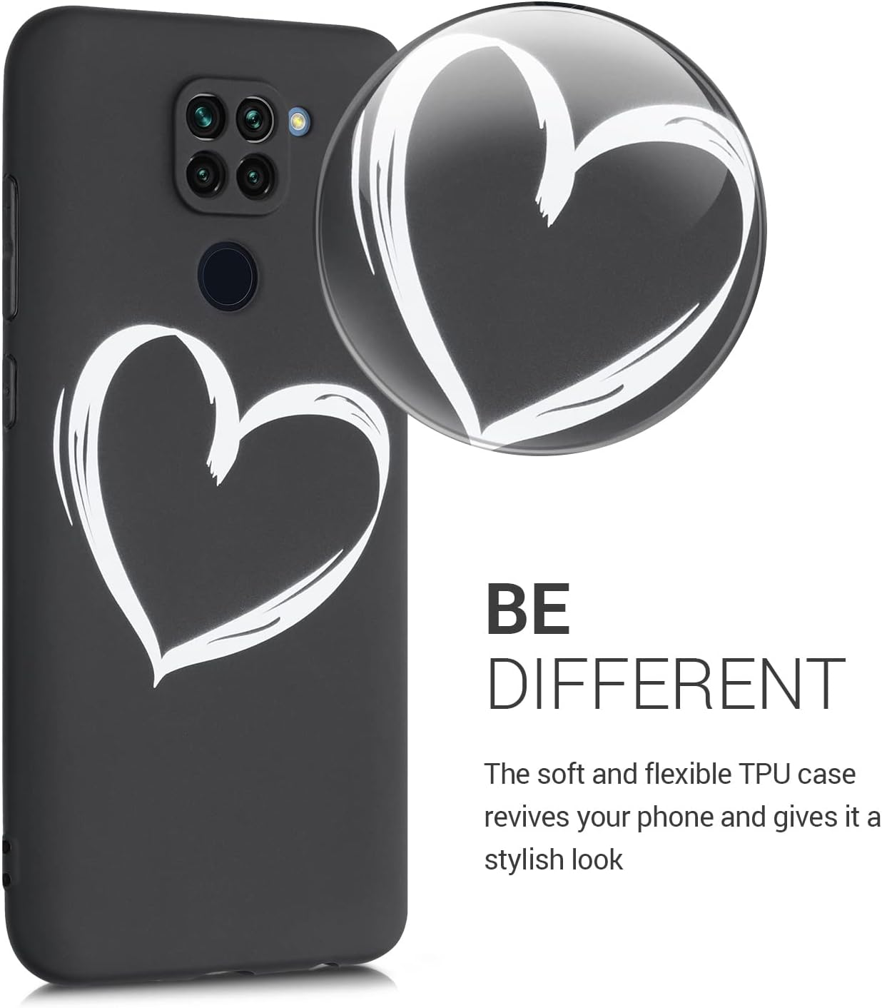kwmobile Funda de silicona TPU compatible con Xiaomi Redmi Note 9 – Funda suave – Corazón cepillado BlancoNegro