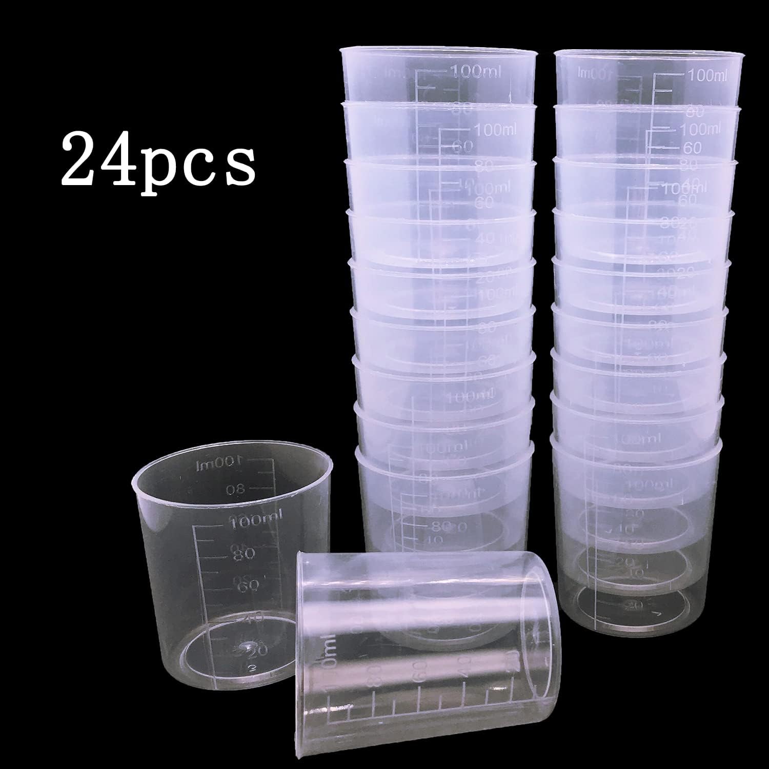 24 vasos transparentes para escamas de 3.4 onzas líquidas, vasos graduados de plástico con 50 varillas de madera para mezclar pintura epoxi, resina,