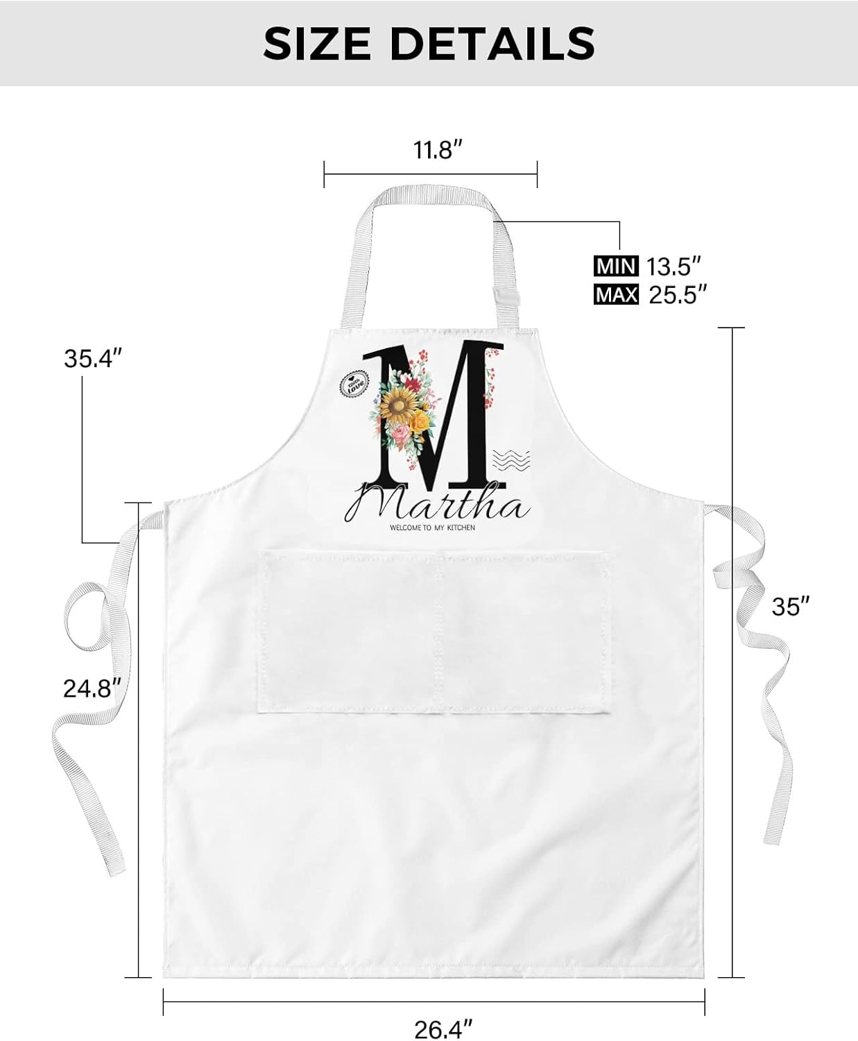 Delantales personalizados para mujer, diseño de letra inicial floral, delantal personalizado, delantal de chef ajustable con 2 bolsillos