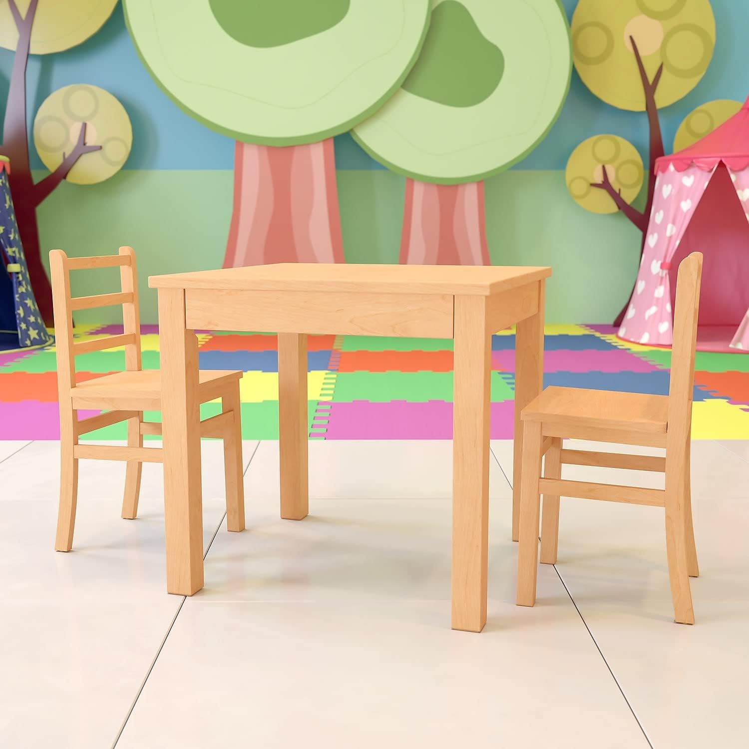 Flash Furniture Kyndl – Juego de mesa y silla de madera maciza natural para niños, para aula, sala de juegos, cocina