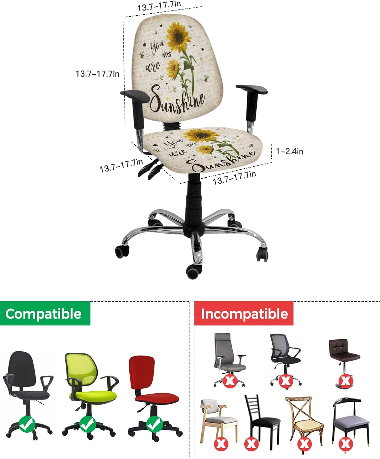Funda para silla de oficina de computadora, diseño de girasoles y abejas, con texto en inglés “Sunshine Quotes”, funda protectora elástica para