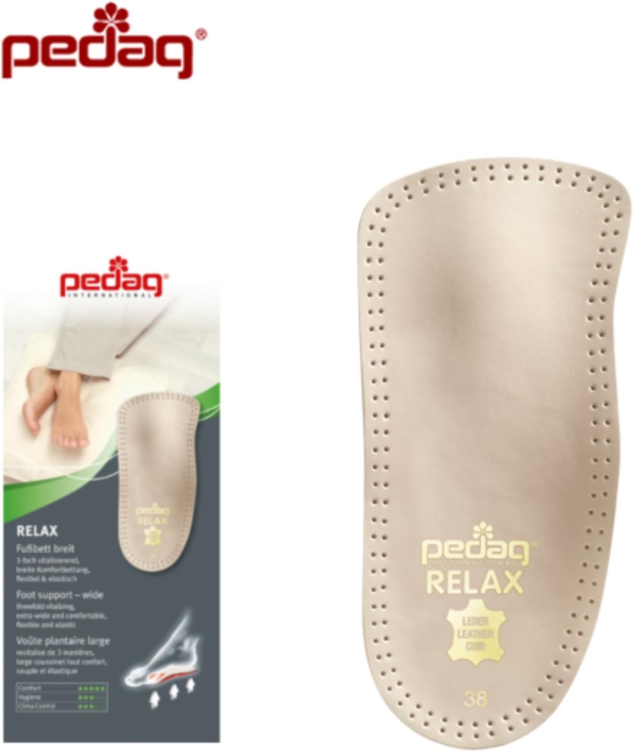 Pedag 127128 Relax Plantilla de piel con forma anatómica de 34 de longitud, con talón de látex flexible, soporte de arco y almohadilla metatarsiana,