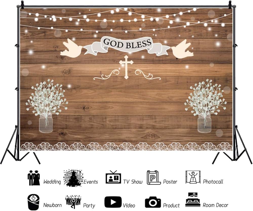 Leyiyi Telón de fondo de 5 x 3 pies con diseño de cruz de bautismo de comunión con diseño de cruz de madera rústica, fondo de fotografía, flores