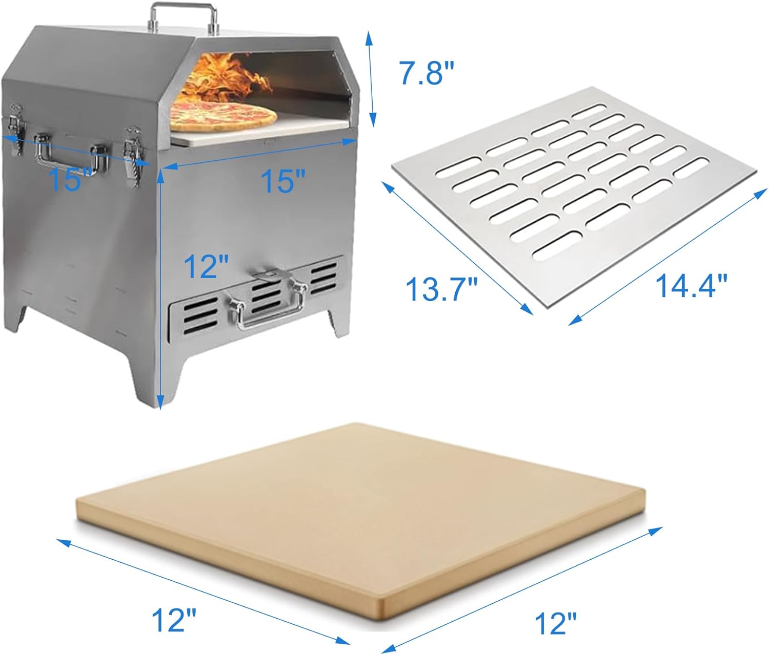 SafBbcue Horno de pizza 4 en 1 para exteriores, 2 capas desmontables exteriores de acero inoxidable más grueso, hornos de madera con piedra para