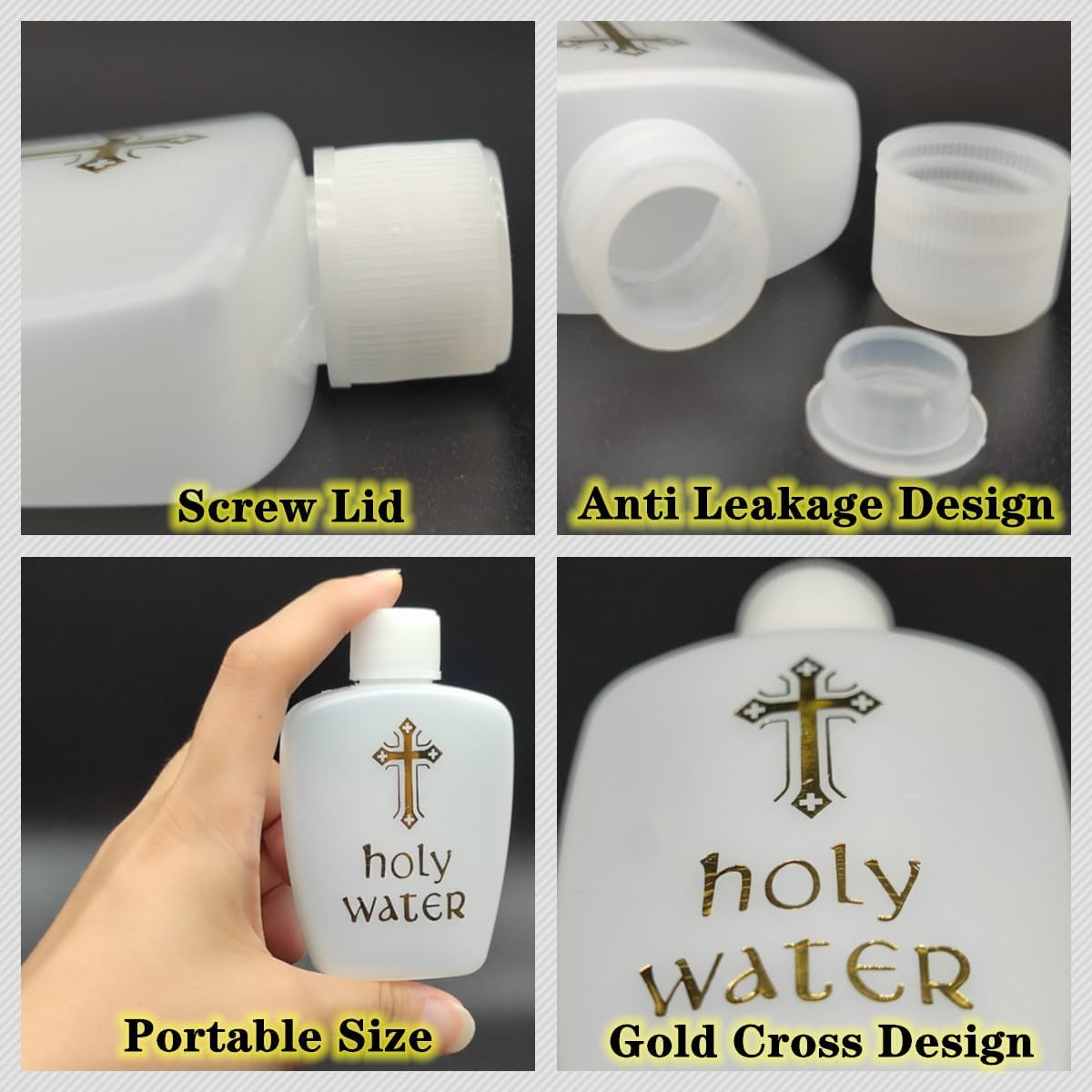 10 botellas vacías de agua bendita con tapa de rosca, contenedor de agua bendita recargable de 2 onzas, botellas decorativas religiosas para