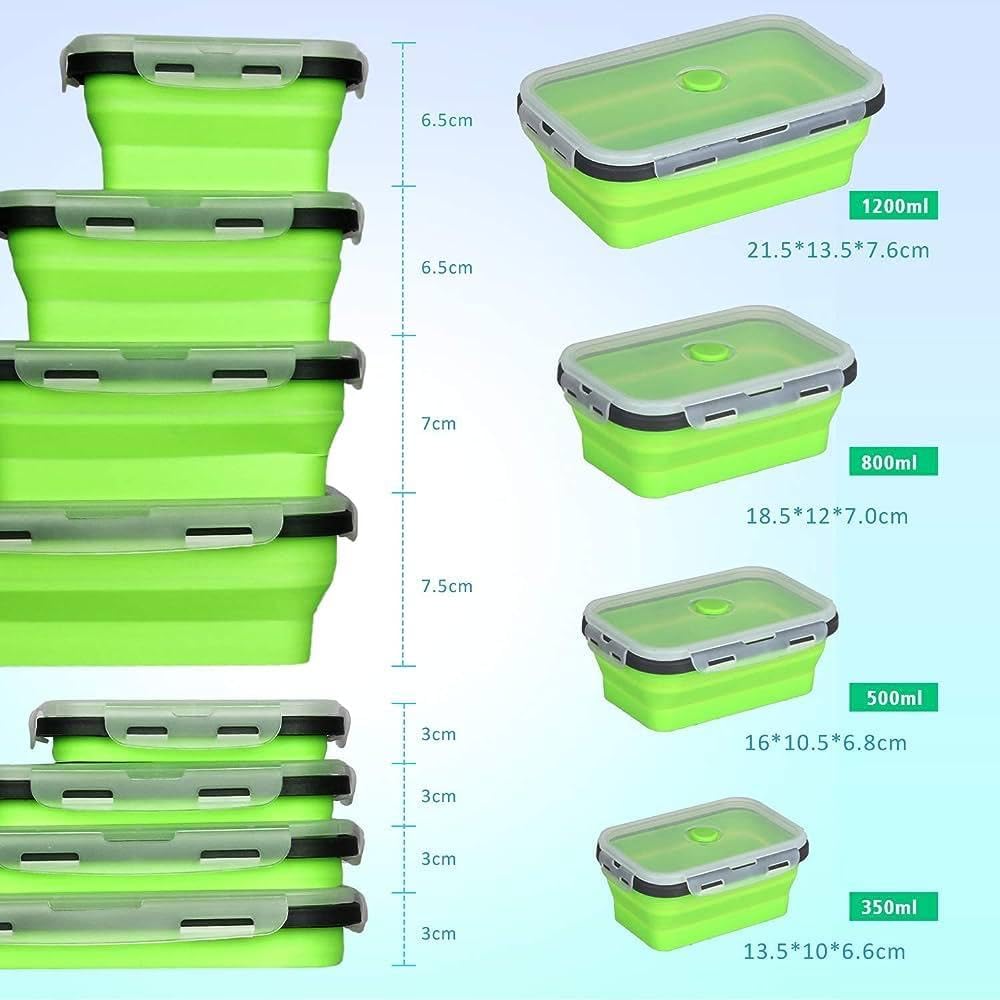Contenedores de plástico para almacenamiento de alimentos con tapas, 4 piezas de silicona plegables con tapas para camping, recipientes de almuerzo