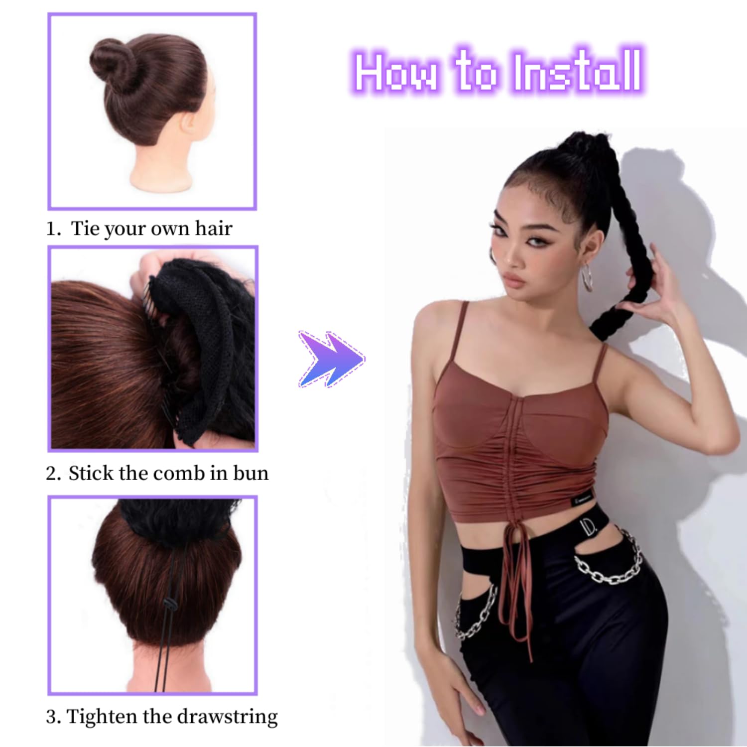 Extensión de cola de caballo trenzada de 24 pulgadas de largo, extensión de cola de caballo trenzada con cordón, extensión de cabello sintético