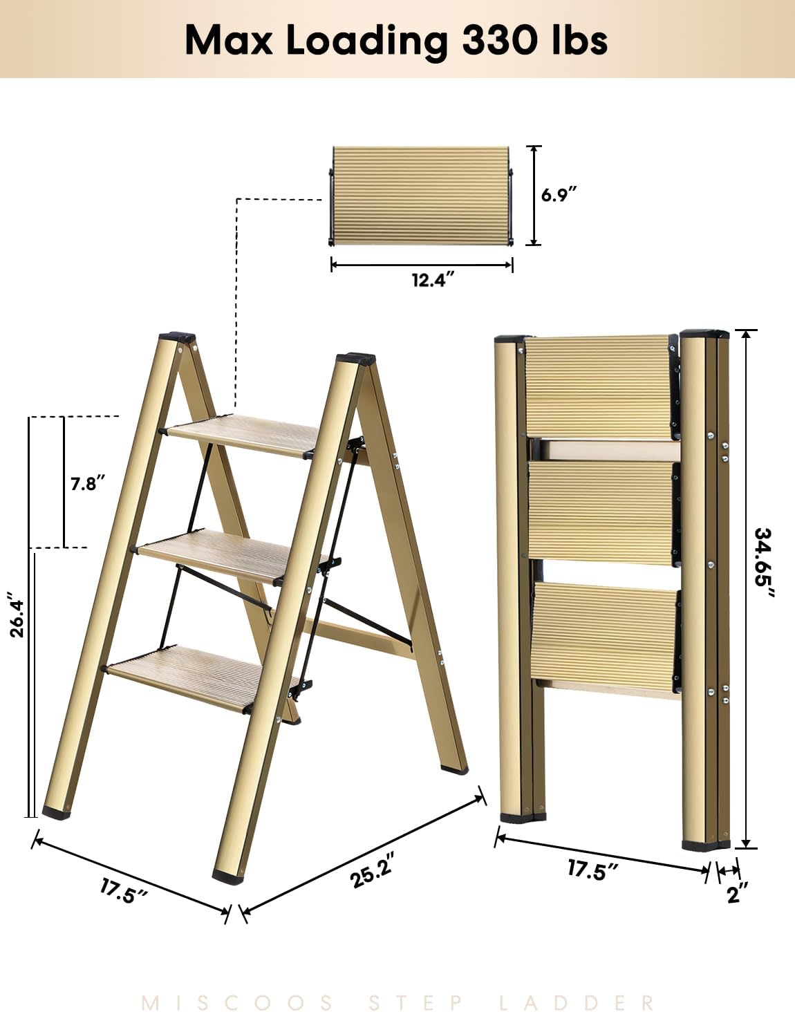 Miscoos Escalera de 3 escalones, taburete plegable portátil ligero con pedal antideslizante resistente y ancho, capacidad de 330 libras, escalera de