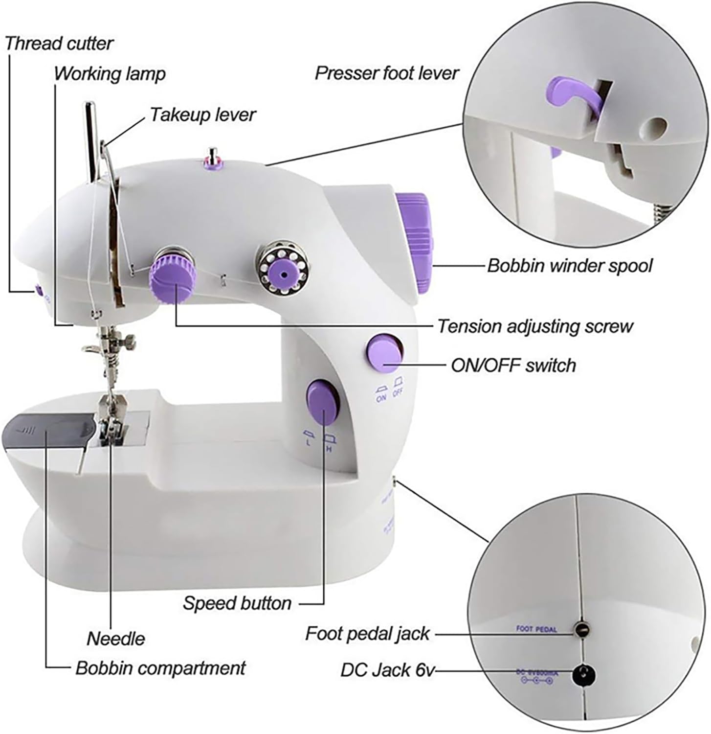 Mini máquina de coser para principiantes, kit de costura en 64 colores, máquina portátil de doble velocidad con mesa de extensión, luz, viajes, kit