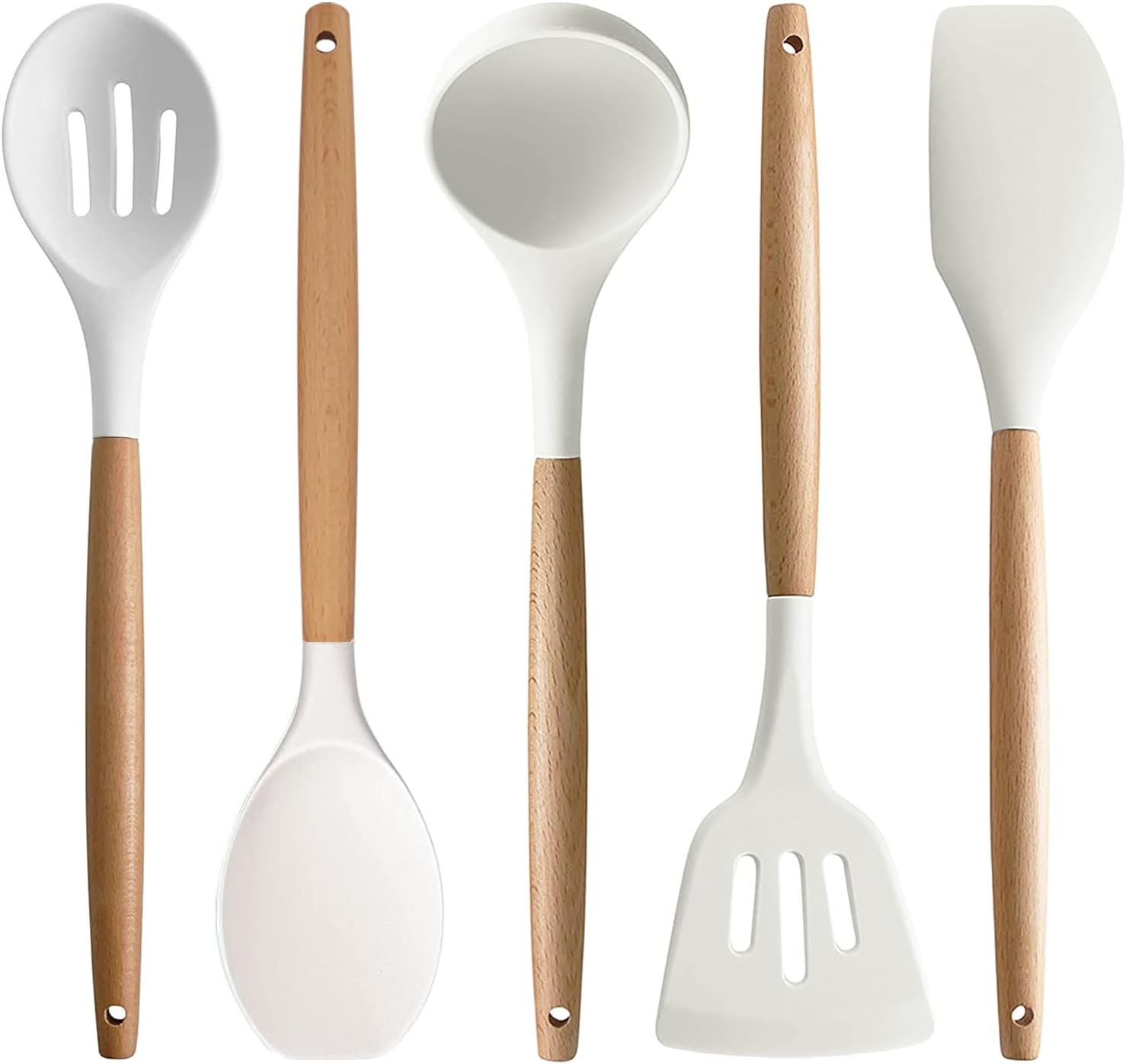 IOCBYHZ Juego de 5 utensilios de cocina de silicona, juego de utensilios de cocina con mango de madera resistente al calor, antiadherente, espátula