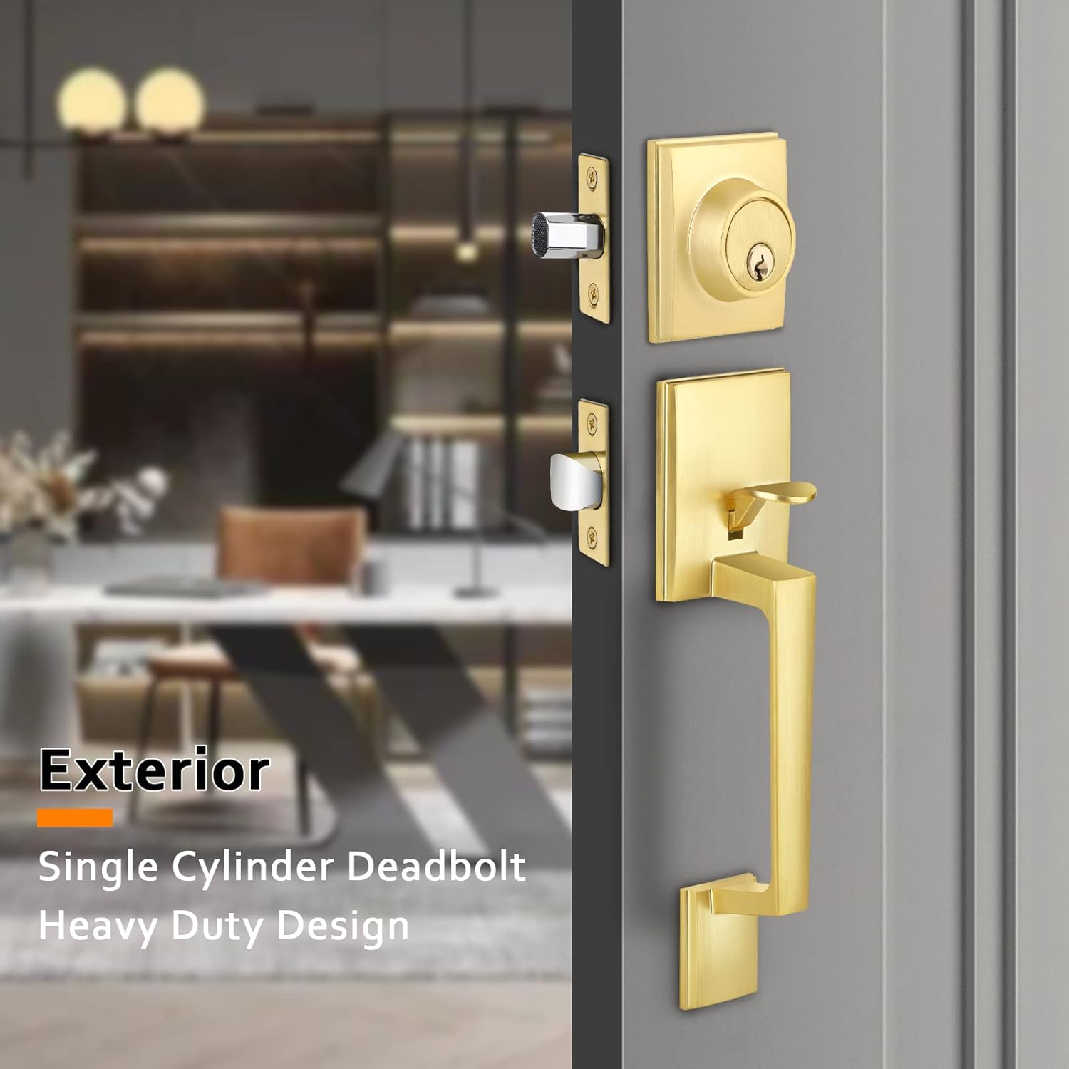EHOMEWARE Juego de manijas de puerta de entrada doradas  Manija de un solo cilindro con palanca para puertas de entrada y puertas delanteras