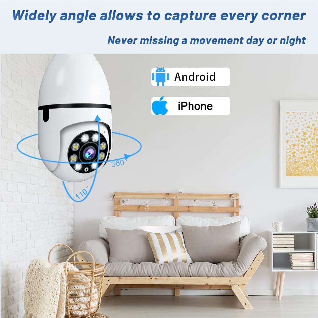 Cámara de seguridad de bombilla, cámara de seguridad de enchufe de luz de 1080P para bombilla con detección de movimiento y visión nocturna (paquete