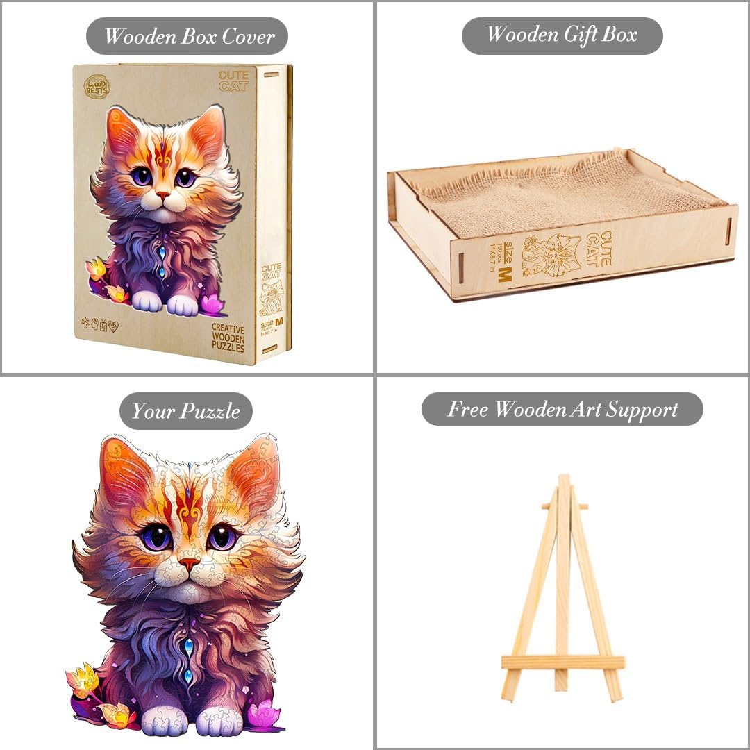 Rompecabezas de madera, con forma de gato linda, 190 piezas de 11 x 8.7 pulgadas. Rompecabezas ecológico con forma de animal único, regalo de