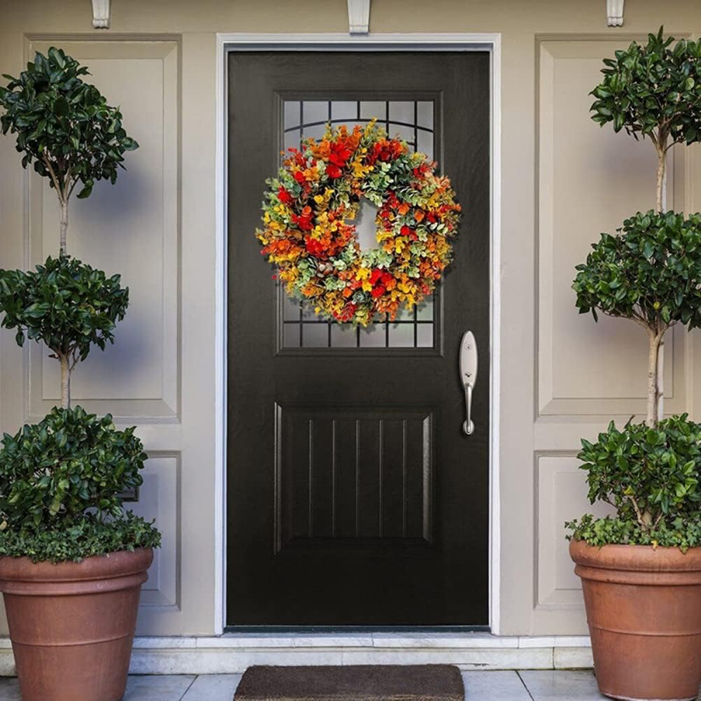 Corona de otoño de simulación de corona de otoño, guirnalda colorida de eucalipto de otoño para puerta delantera, decoración de Acción de Gracias (1)