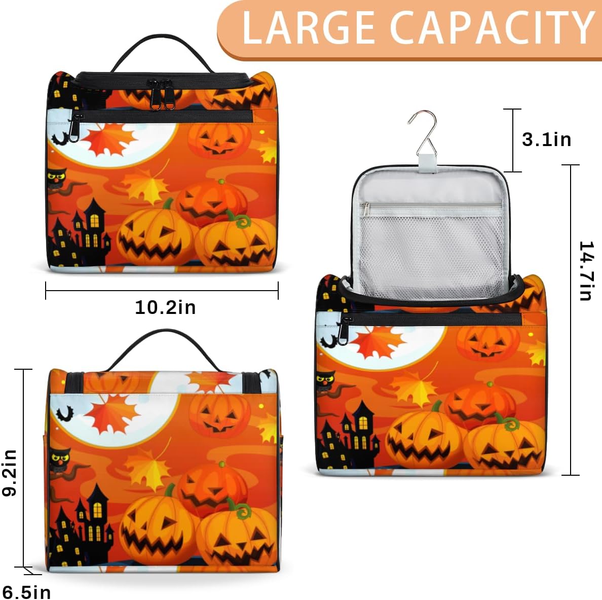 Halloween Toiletry Bag for Women Travel Makeup Organizer with Hanging Hook Traveling Cosmetic Bags for Toiletries Accessories