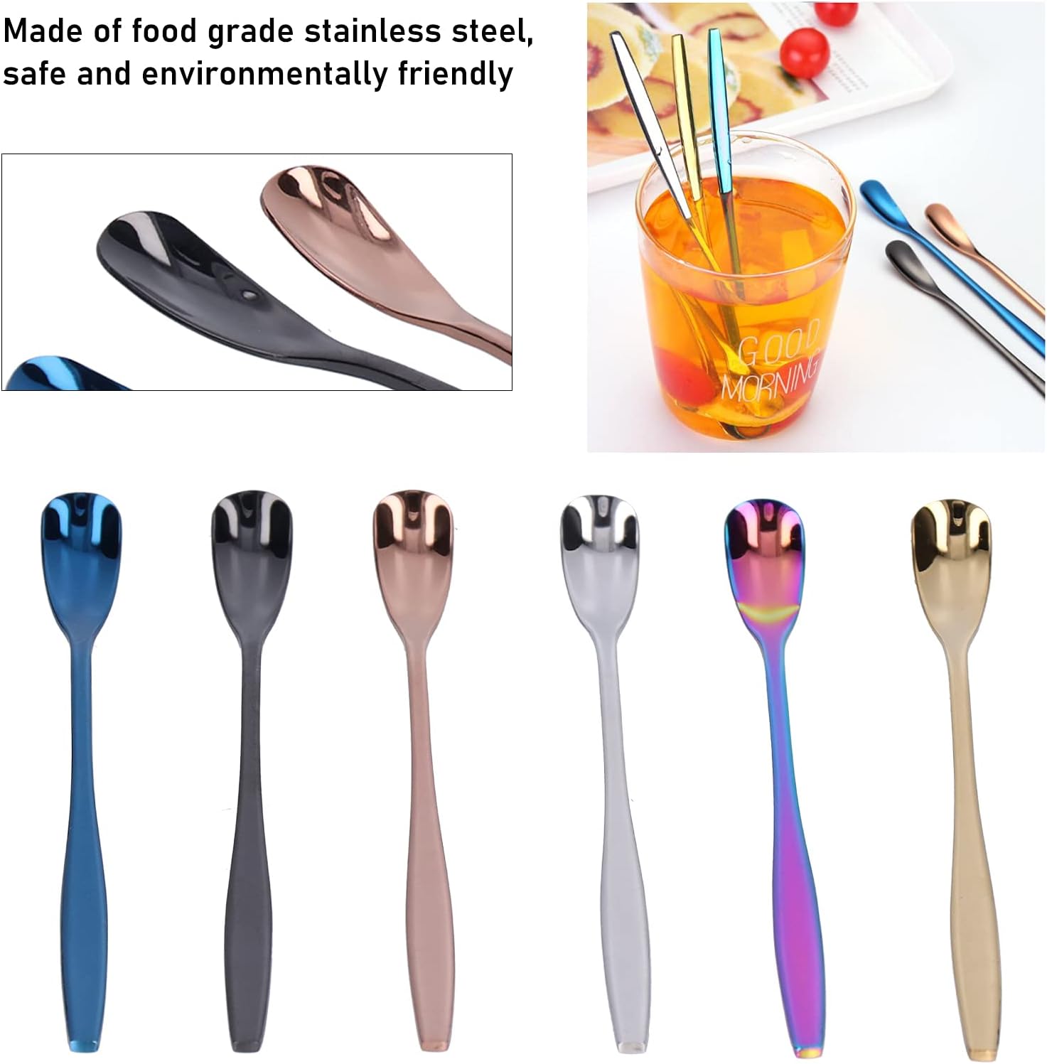 6 cucharas de mango largo, cuchara de té helado de acero inoxidable de 6 pulgadas, cuchara de café para madres, leches, té, mezcla, cóctel, batido,