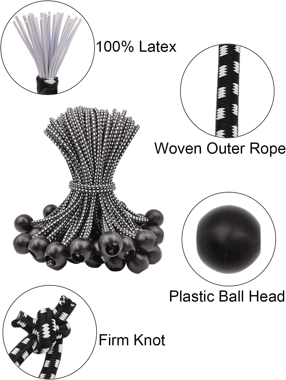 Cuerdas elásticas de bolas de 6 pulgadas, 50 cuerdas elásticas pequeñas con bolas, mini bolas elásticas resistentes al aire libre para lona, toldo,