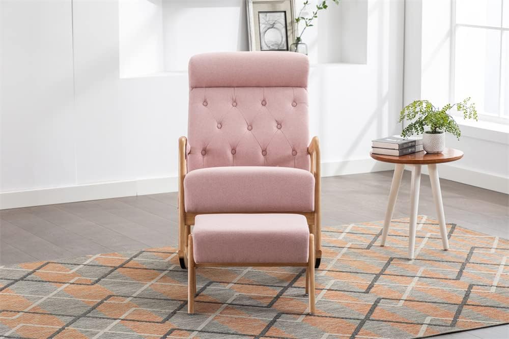 Mecedora con otomana, moderna tapizada de tela con base de madera maciza y bolsillo lateral, cómoda silla individual de respaldo alto con cojín