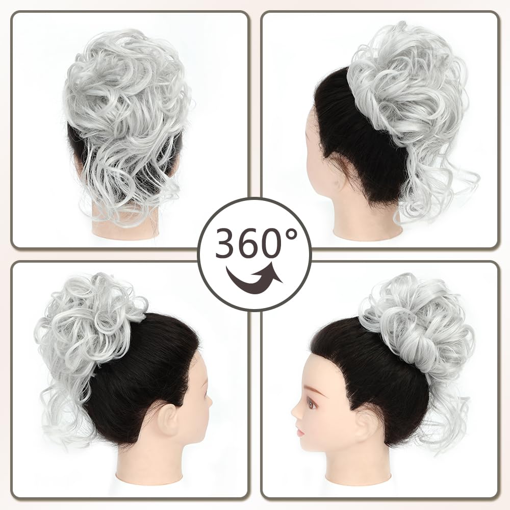 Moño desordenado, pinza de garra, moño despeinado, extensiones de moño sintético rizado para mujer (gris plateado)