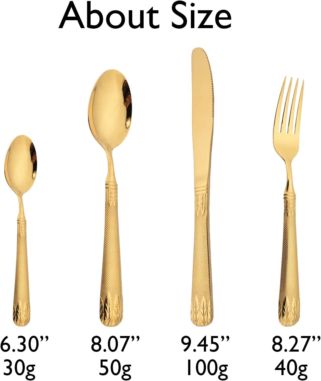 JASHII Champagne Gold – Juego de cubiertos de acero inoxidable 304 para 4, con orejas de trigo vintage en relieve, mango plano pulido espejo, apto