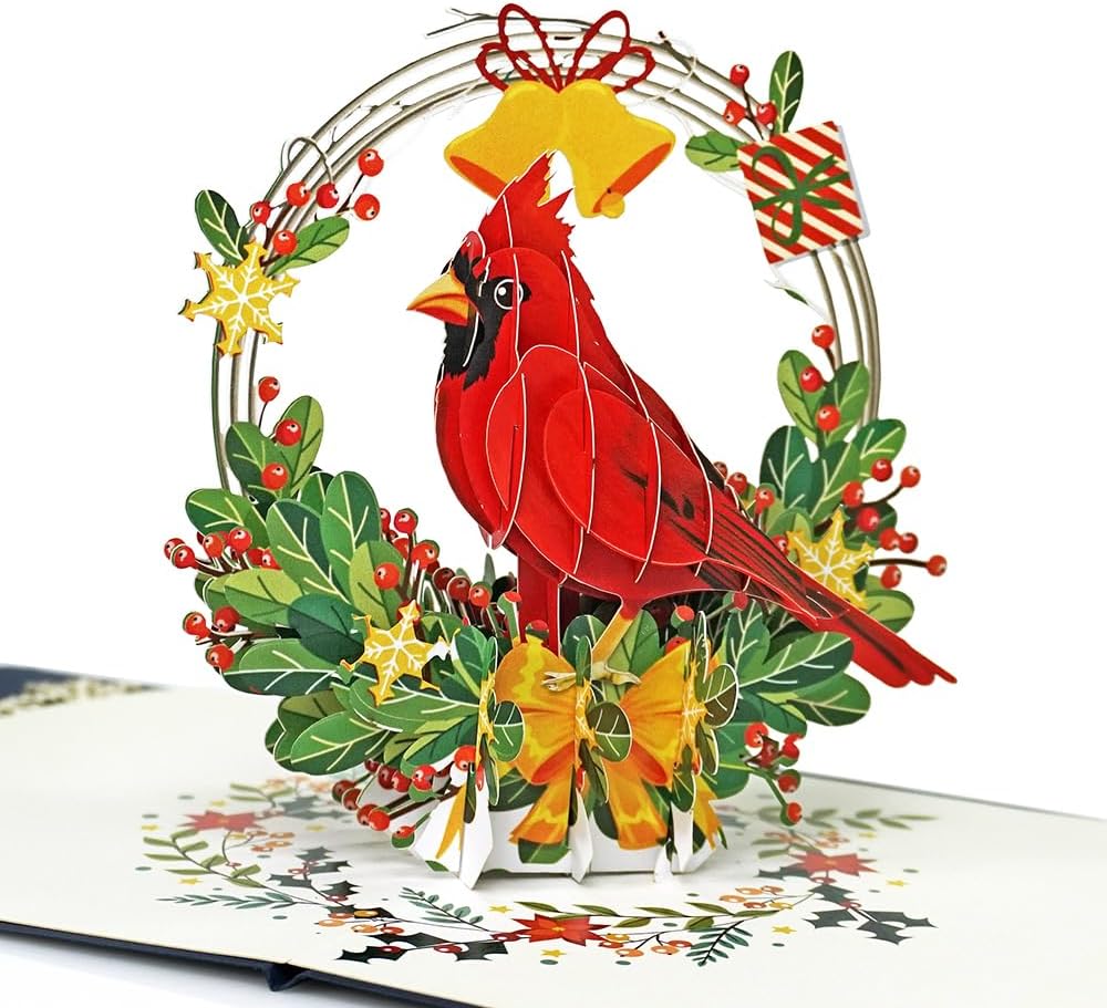 CUTPOPUP – Tarjeta de felicitación con diseño de cardenal, Feliz Navidad, Navidad 3D, Año Nuevo, tarjeta de felicitación (cesta de cardenal)
