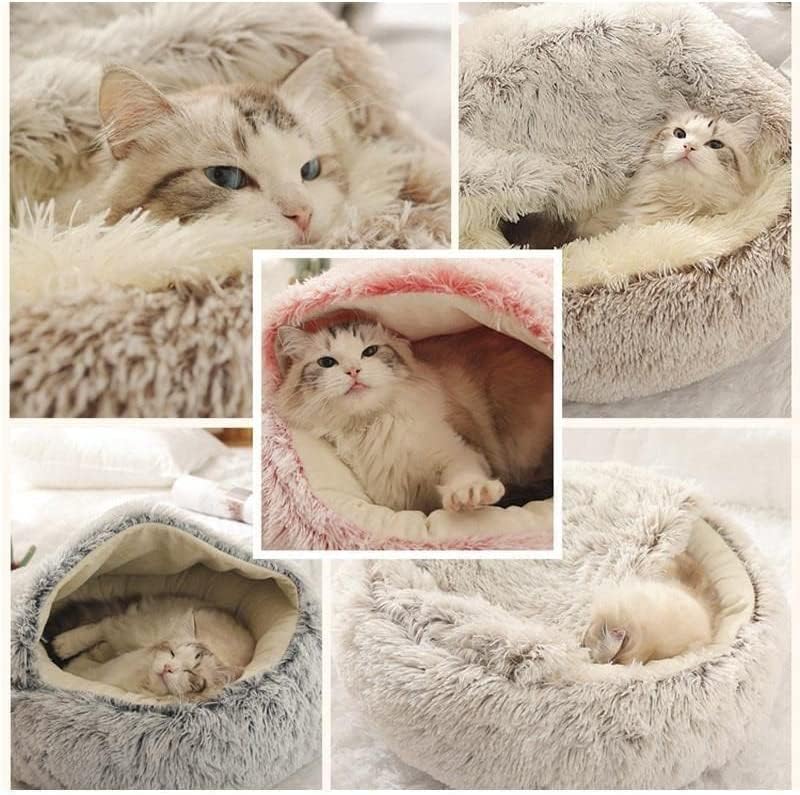 Cama pequeña para perros y gatos, cama redonda calmante en forma de dona, cama cueva antiansiedad con manta con capucha para calidez y seguridad,