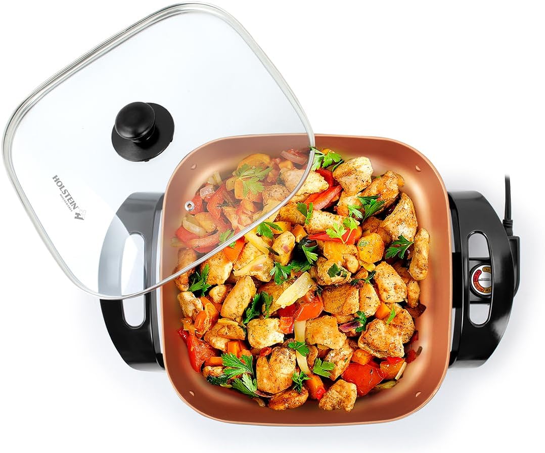 Holstein Housewares Sartén eléctrica de 12 pulgadas y sartén con tapa de vidrio, revestimiento antiadherente, control de temperatura con sonda de