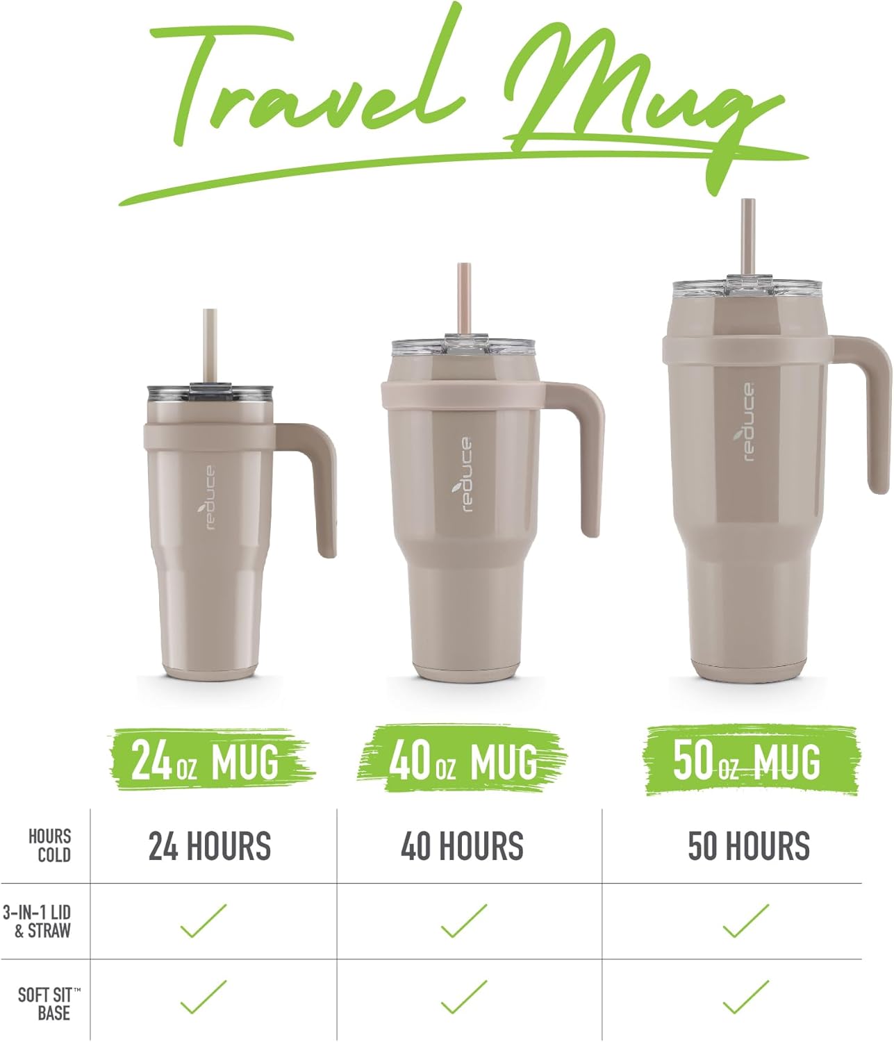 REDUCE Cold1 – Vaso de 50 onzas con asa, botella de agua de acero inoxidable aislada al vacío para el hogar, la oficina o el automóvil, taza