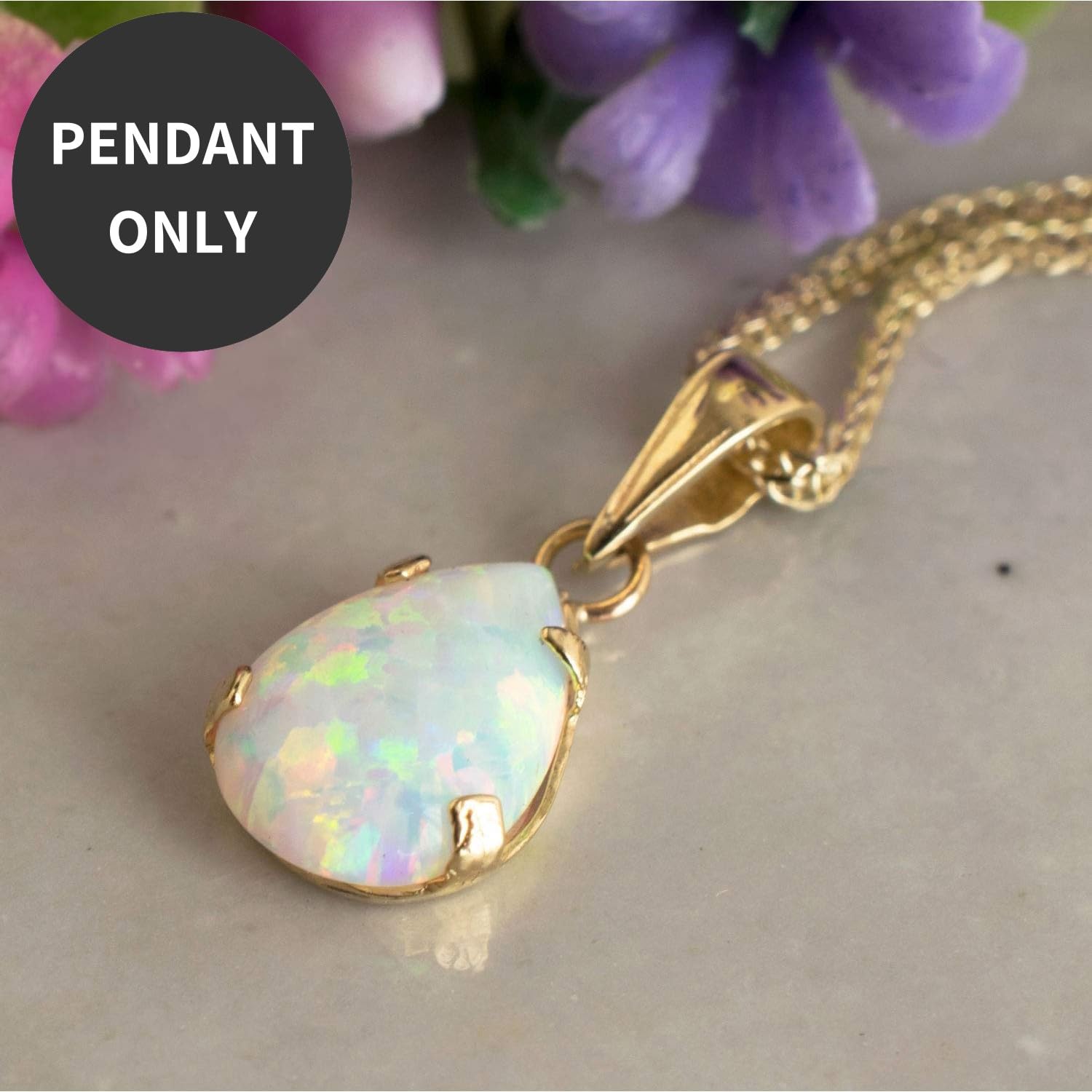 14K Gold White Opal Pendant – Dainty Pear-Shape Teardrop Pendant, 7x10mm 14K Solid Yellow Gold Pendant, October Birthstone Opal Gemstone – Handmade