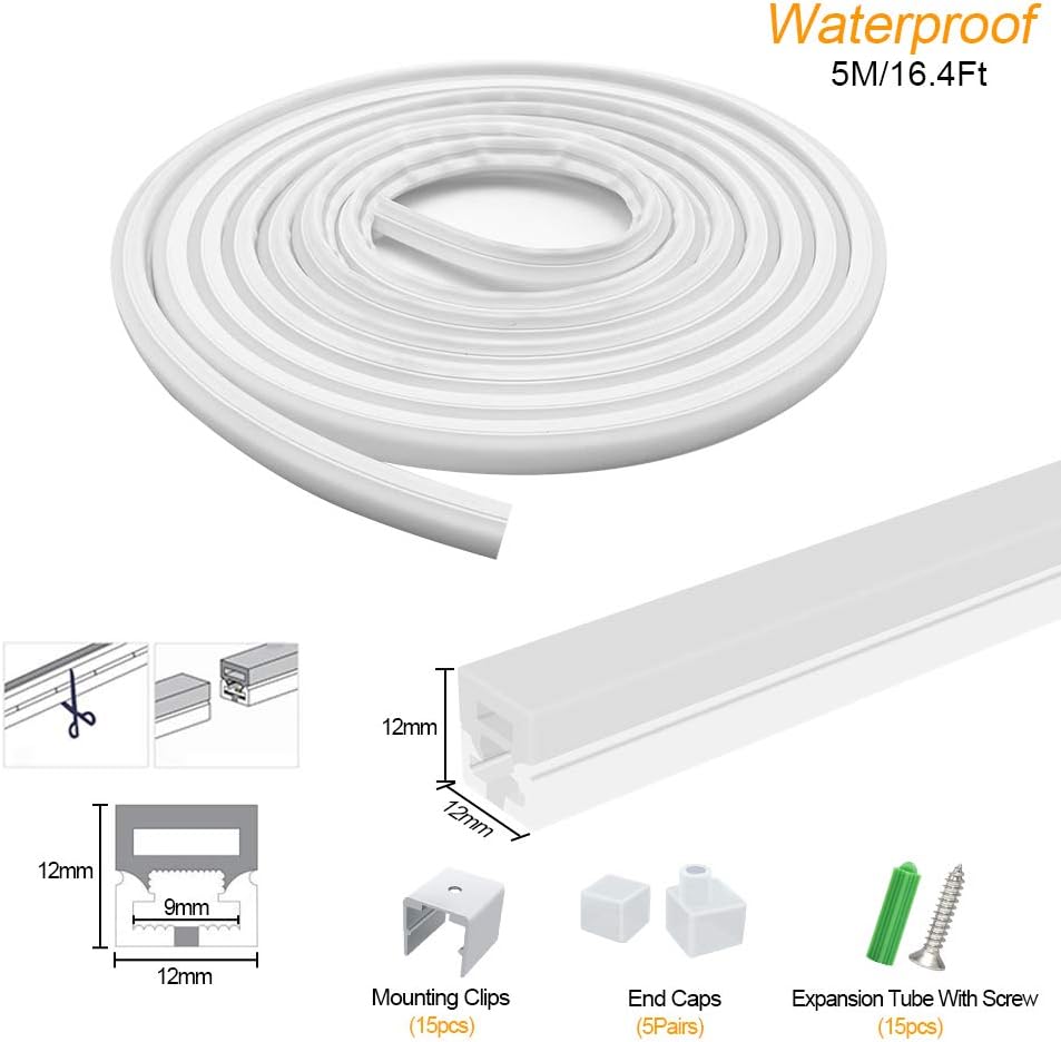 Newest 16.4FT5M Silicone LED Channel System, U Shape 12x12mm DIY LED Neon Rope Light IP67 Waterproof for 8mm LED Strip Lights Installation, for