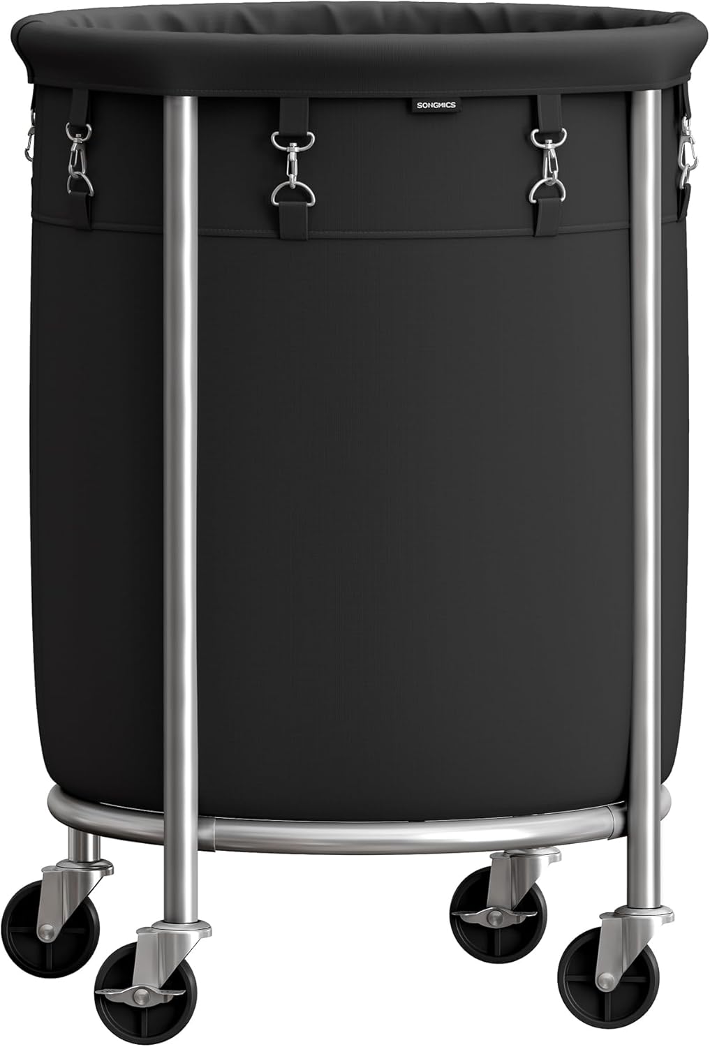 SONGMICS Cesta de lavandería con ruedas, cesta de lavandería rodante, 29 Gal., Carrito de lavandería redondo con marco de acero y bolsa extraíble, 4