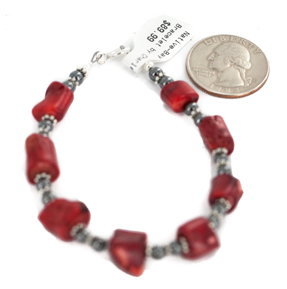 Navajo .925 Sterling Silver Certified Authentic Natural Hematite Coral Native American Bracelet