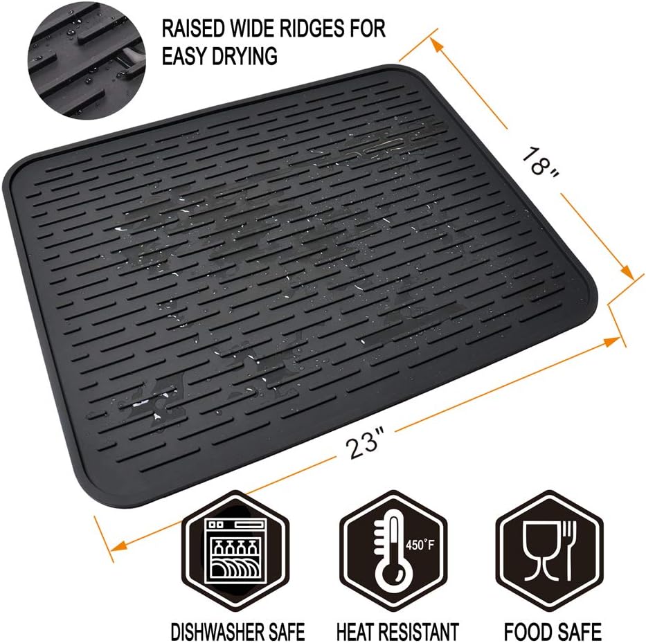Tapete de secado de platos para encimera de cocina, 23 x 18 pulgadas, XXL, tapete de secado de silicona para encimera, salvamanteles resistentes al