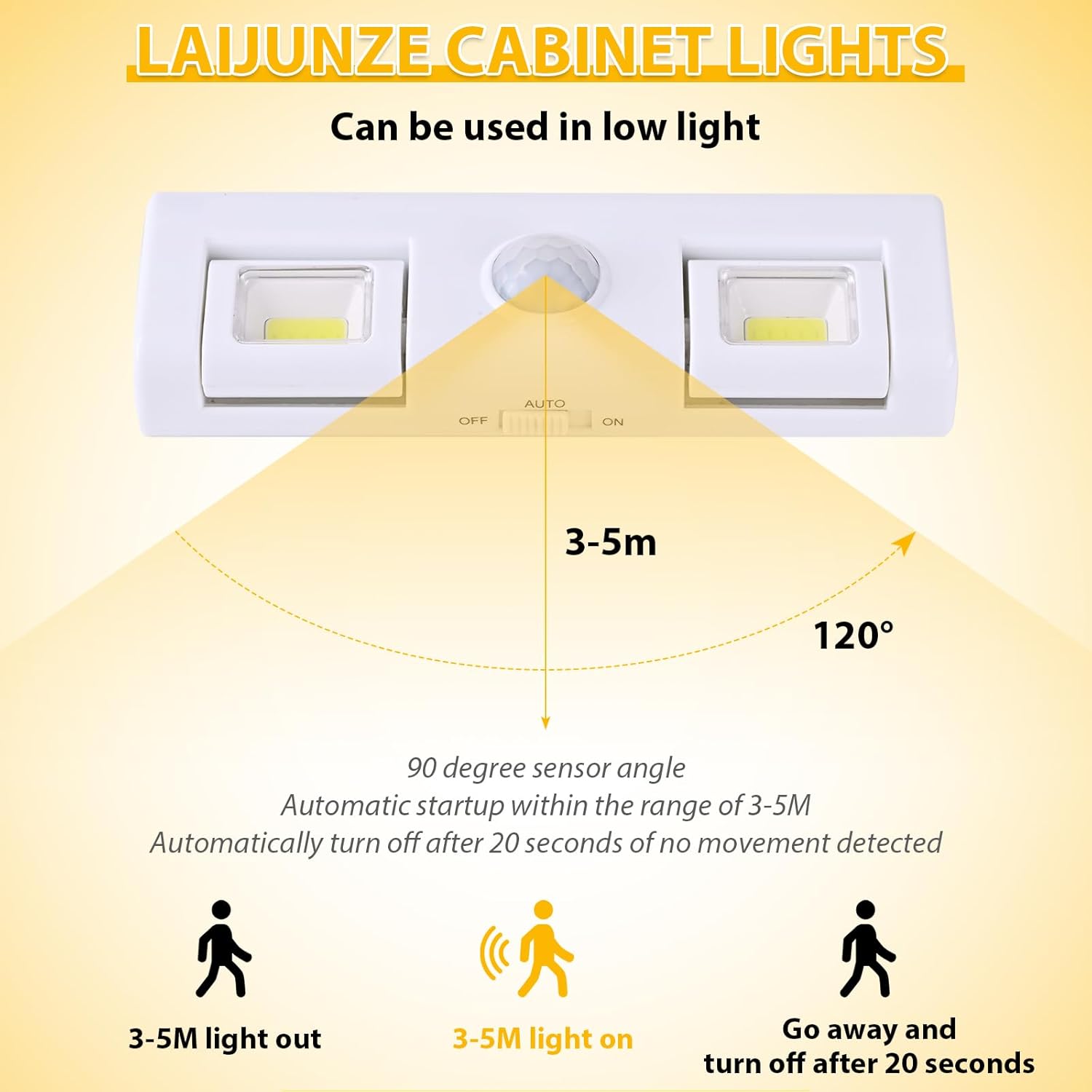 Paquete de 2 luces LED con sensor para armario, luces debajo del gabinete, iluminación de contador de ángulo ajustable, funciona con pilas, se pega