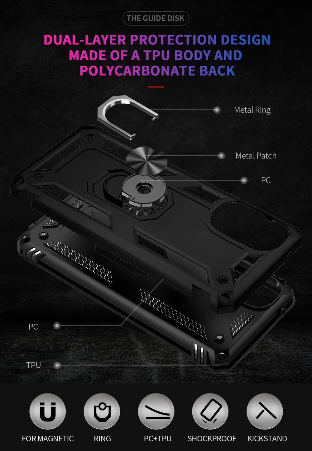 Androgate Funda compatible con Motorola Moto G 5G con protector de pantalla HD, soporte de anillo de grado militar, soporte para automóvil de 16
