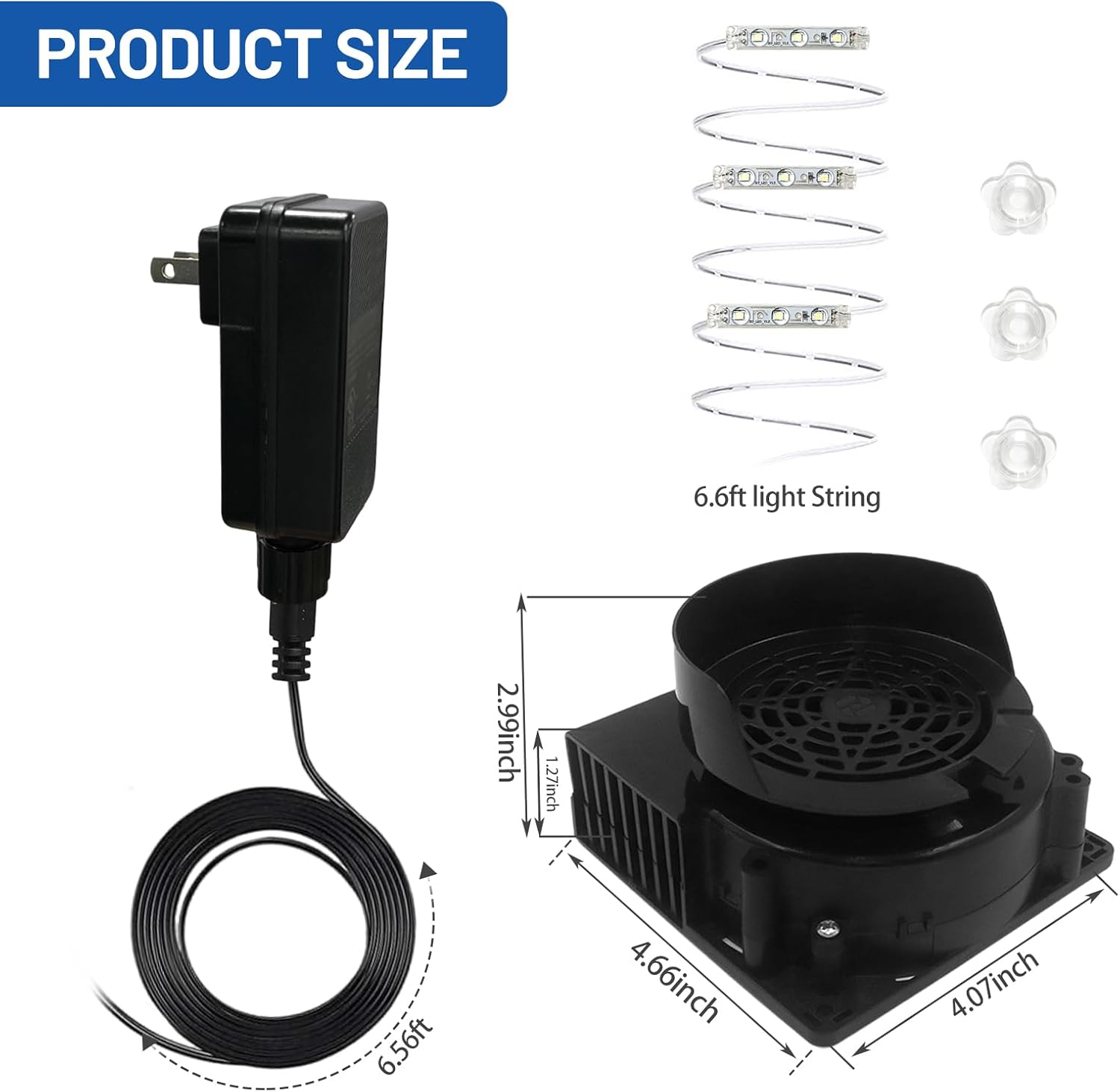 Soplador de aire para inflables, 12 V 1.2 A ventilador inflable de repuesto con 3 cuerdas de luz LED para Halloween, Navidad, patio, decoraciones